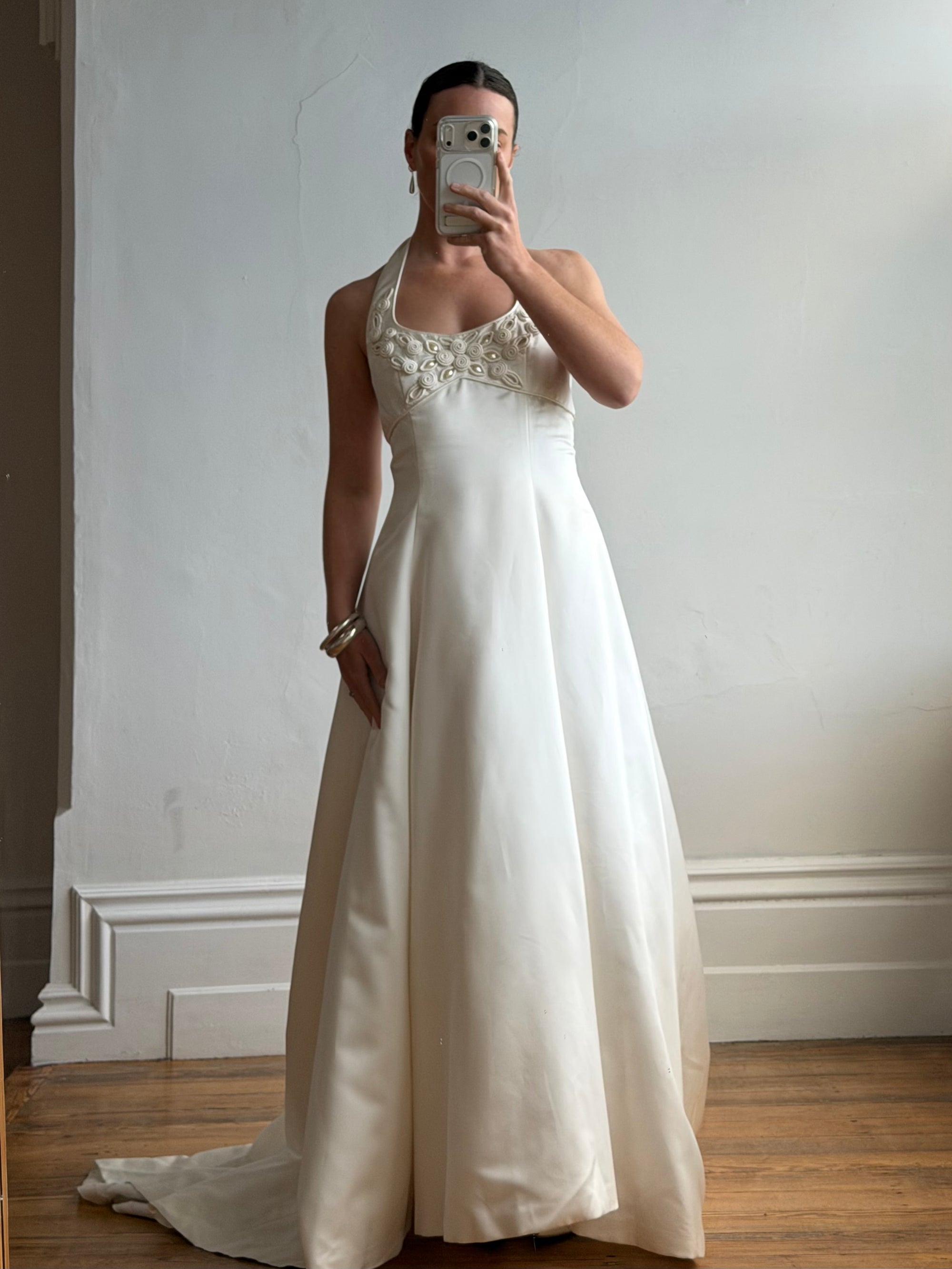 Vintage 90s Ivory Beaded Halter Bridal Ballgown