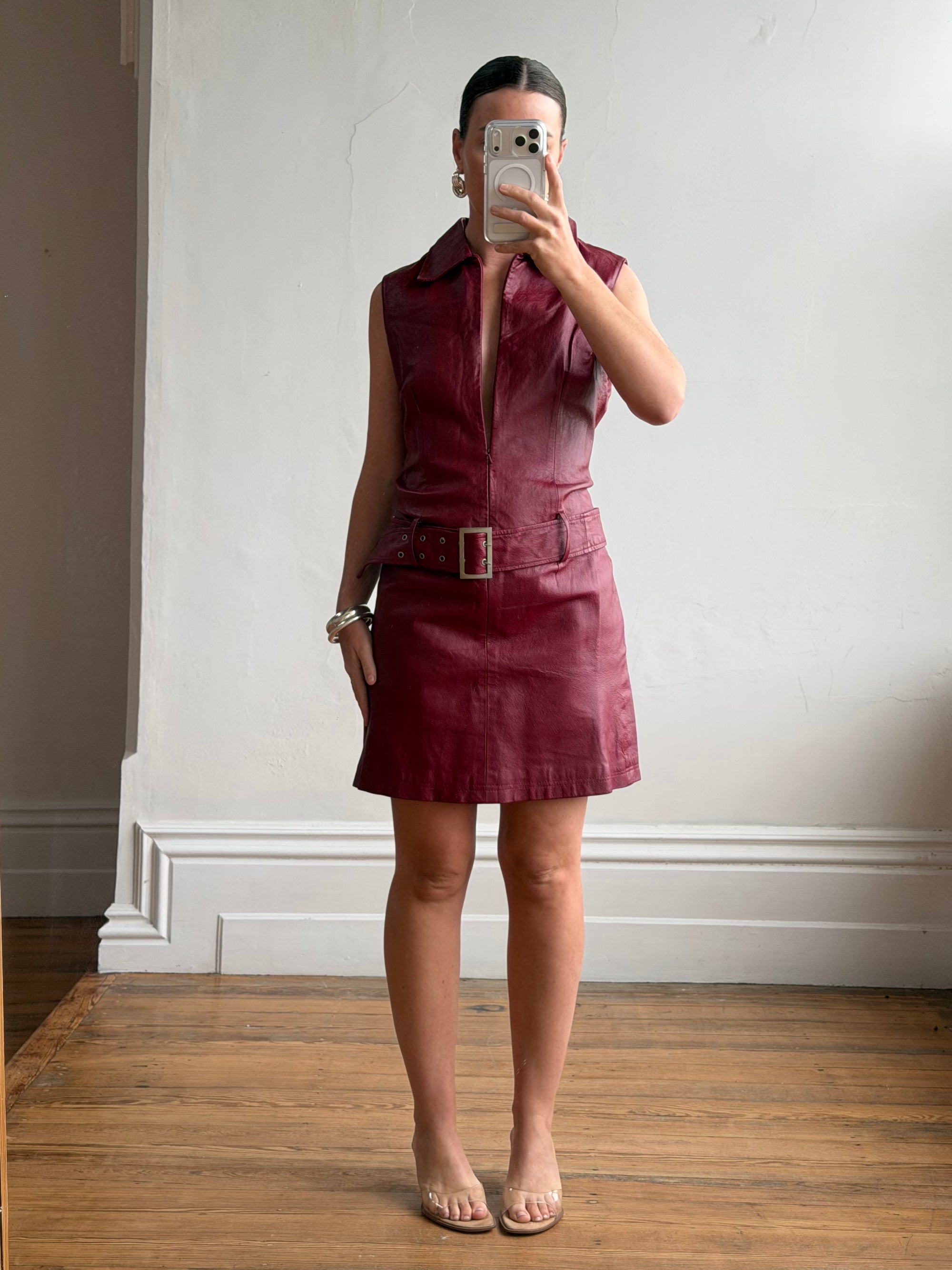 Vintage 90s Burgundy Leather Zip Front Dress