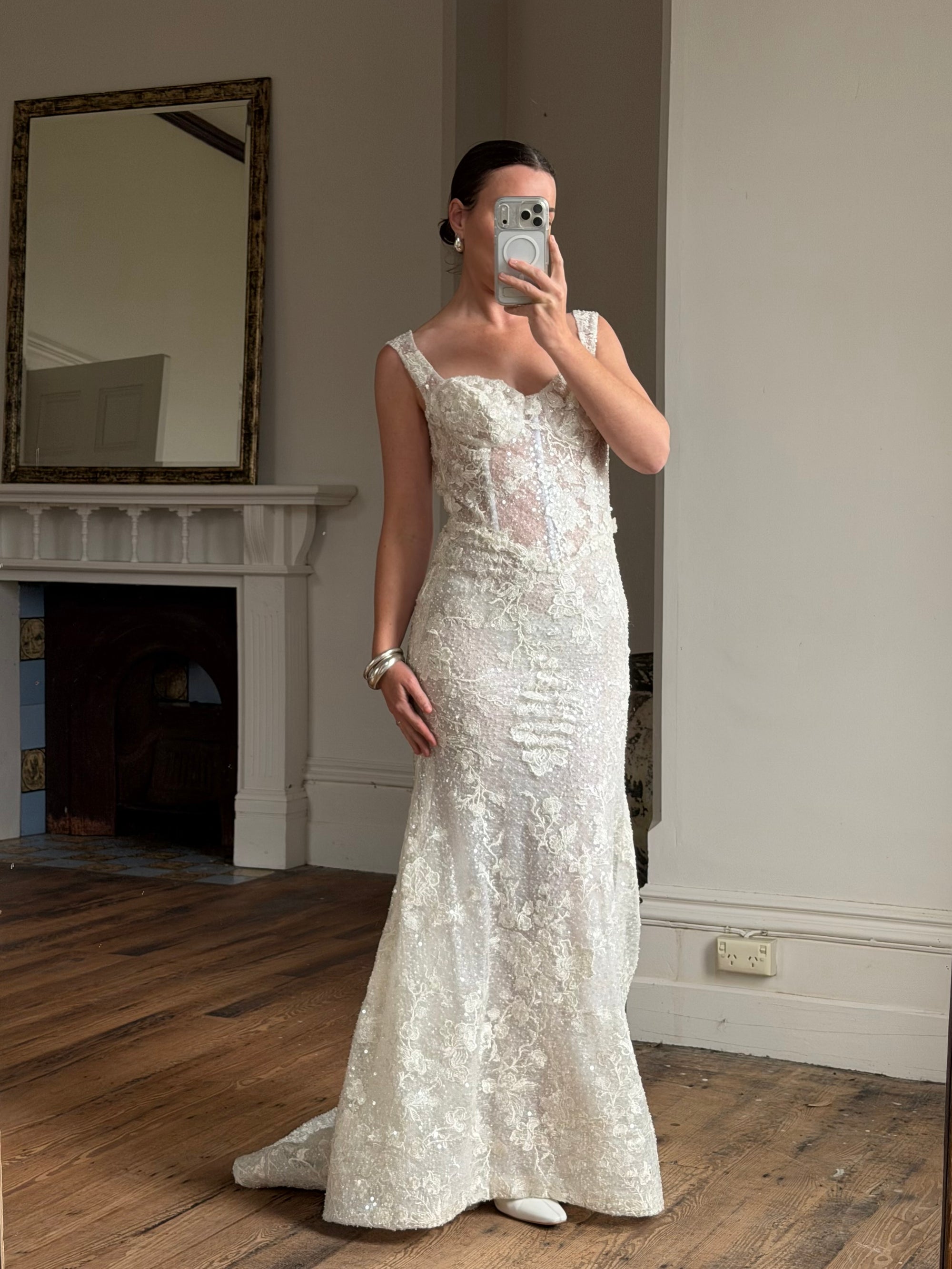 Vintage Y2K Italian Sheer Embroidered Naked Bustier Wedding Gown