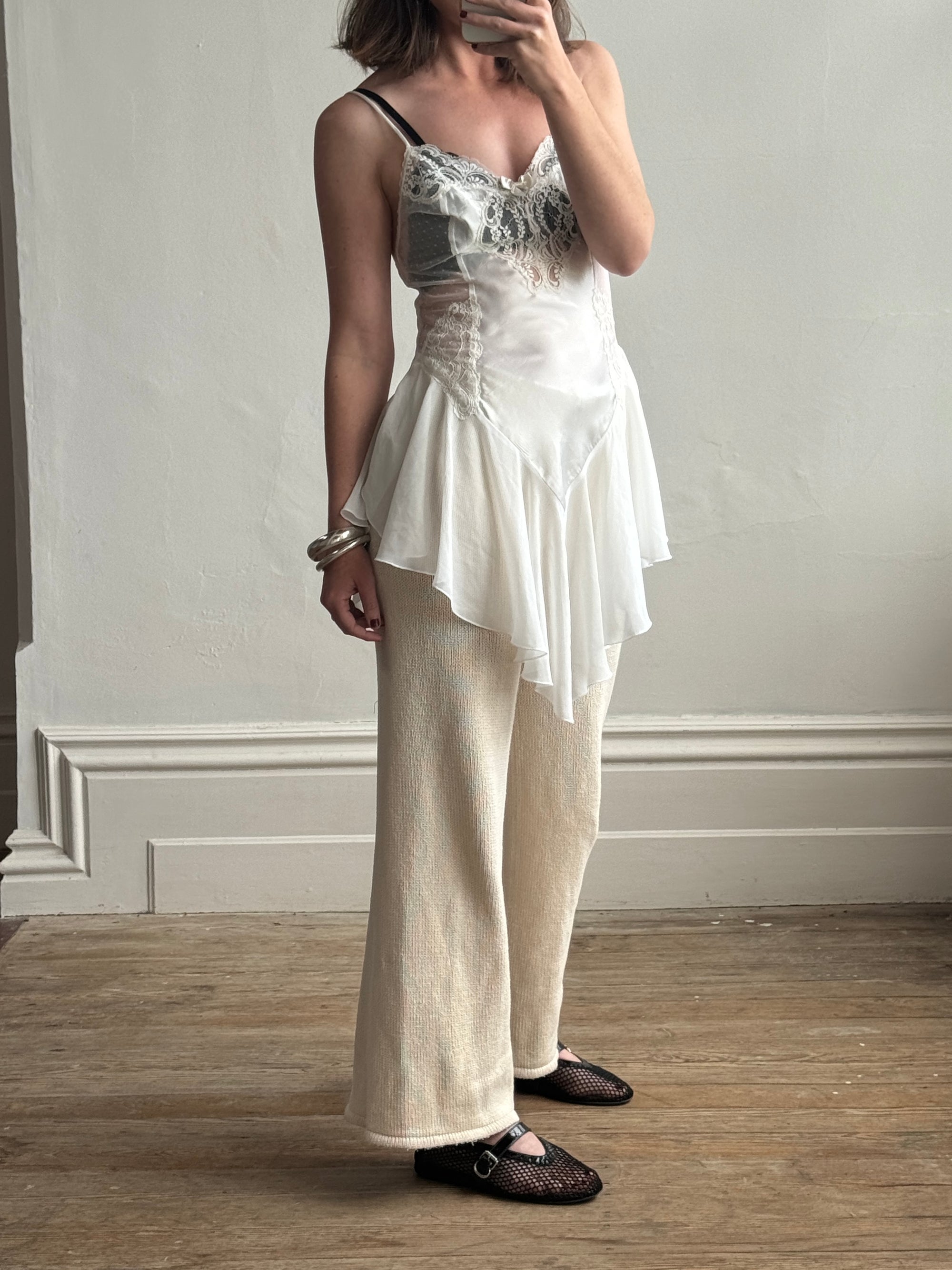 Vintage Asymmetrical Lace Panelled Satin Slip Mini White