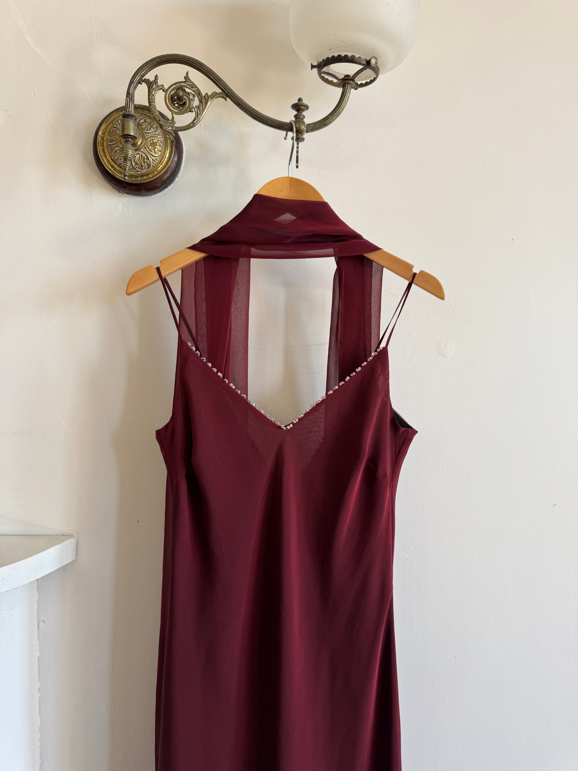 Vintage 90s Burgundy Slip Dress With Pink Sequins and Scarf