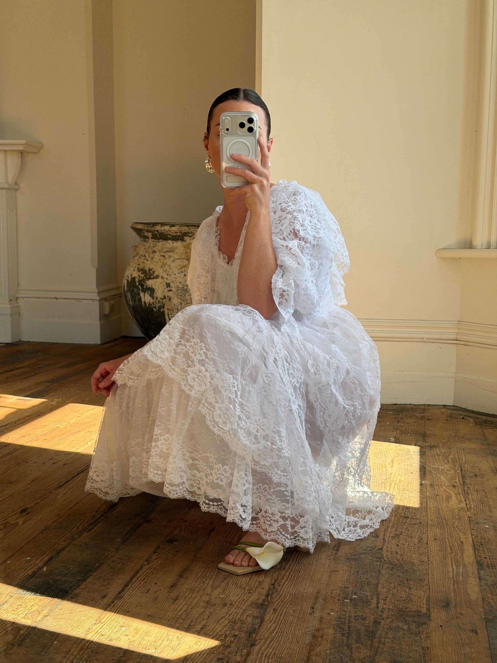 Vintage 70s Tiered Lace Wedding Dress Crisp White