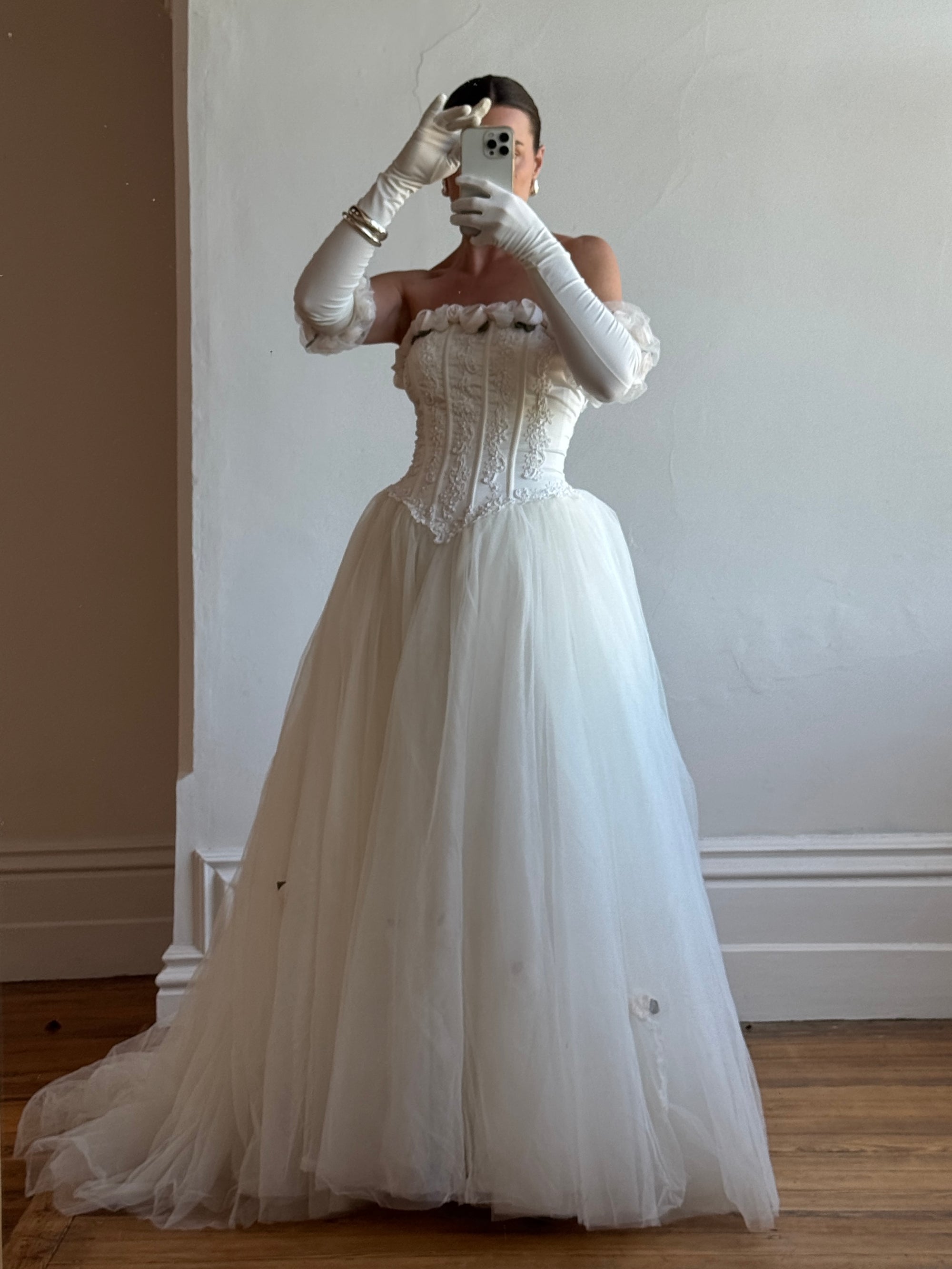 Vintage 90s Rosette Tulle Princess Wedding Gown with Gloves