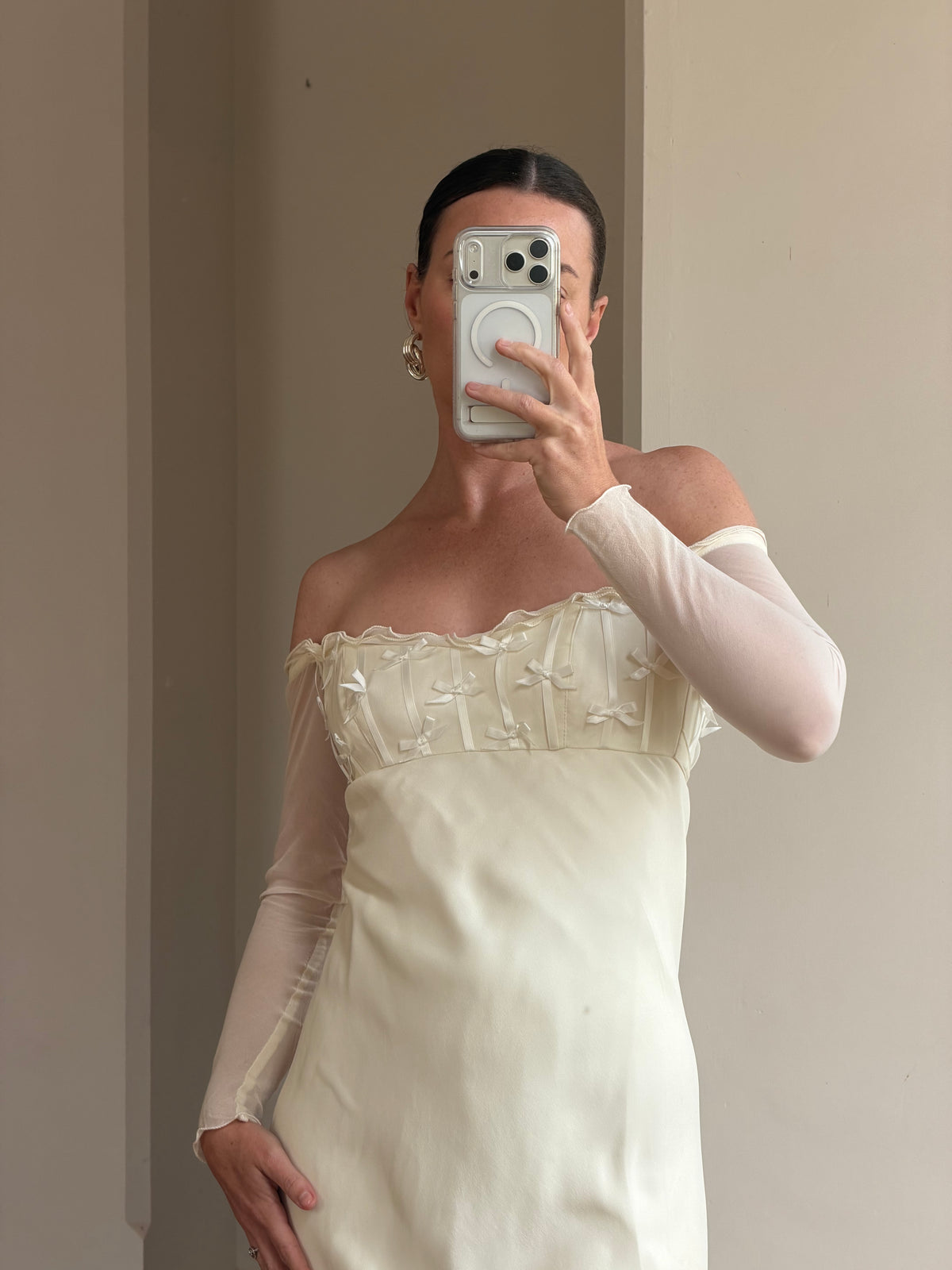 Vintage 90s Pure Silk Chiffon Empire Bow Off Shoulder Wedding Dress