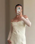 Vintage 90s Pure Silk Chiffon Empire Bow Off Shoulder Wedding Dress