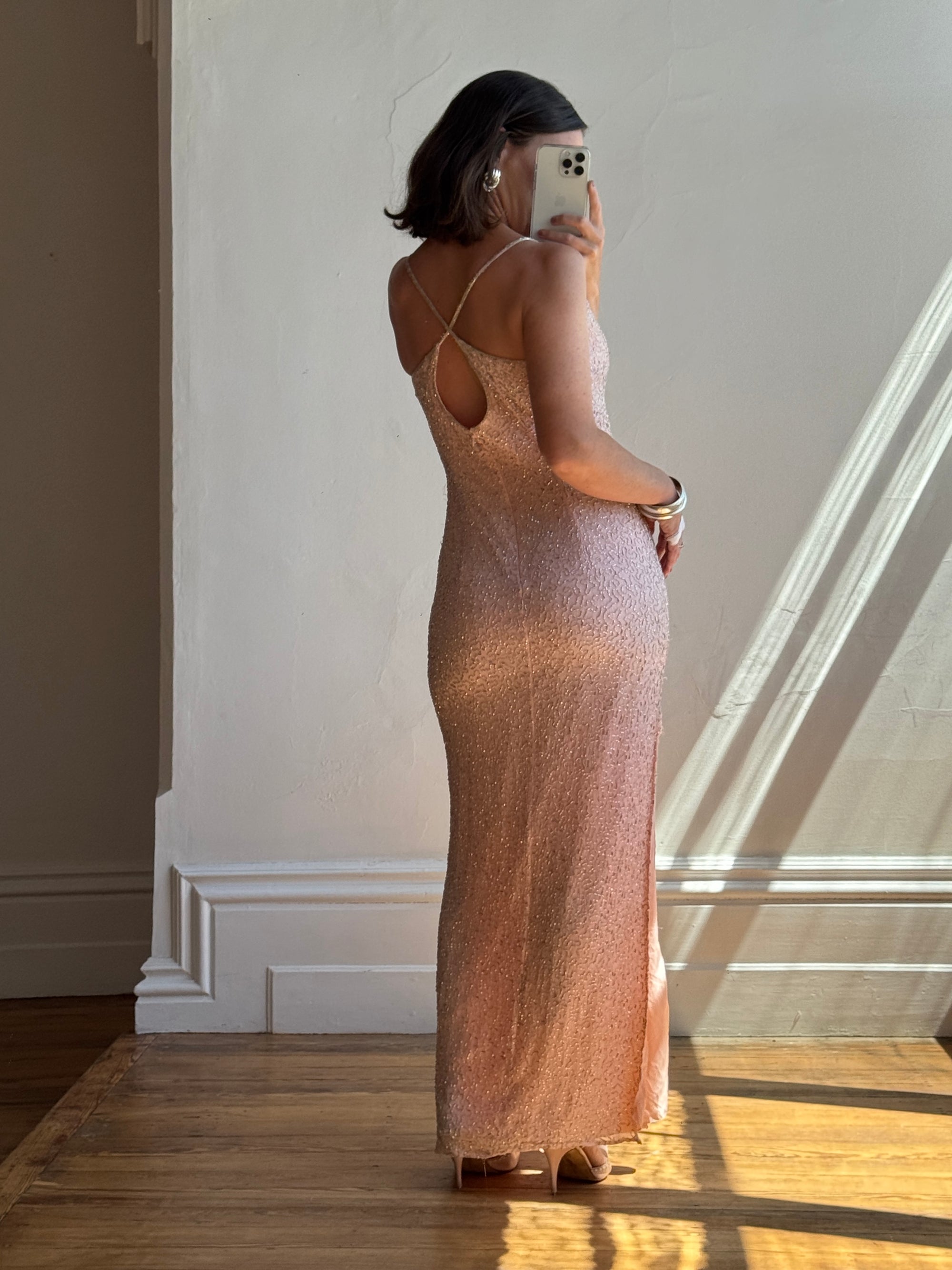 Vintage 90s Beaded Silk Party Dress Blush