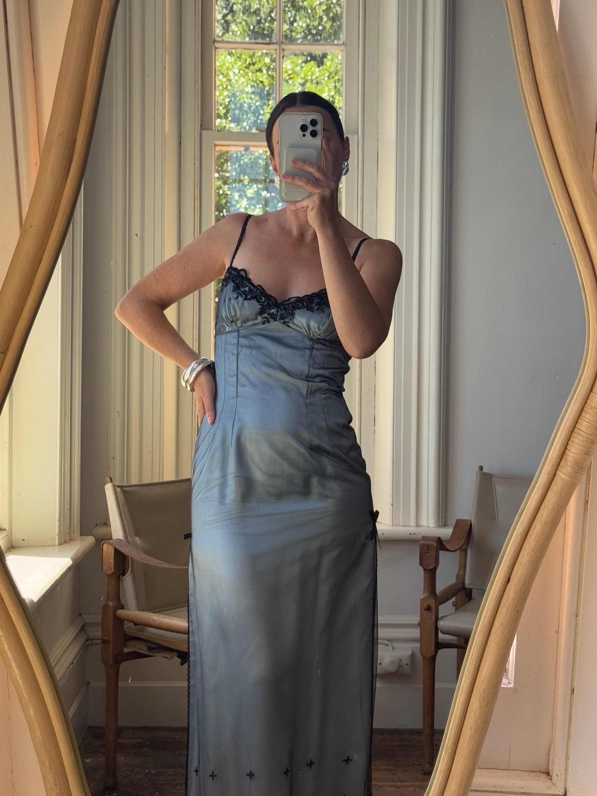 slip dresses 90s Olive Green Silk Dress adjustable spaghetti straps that allow versatility Black Warehouse 90s Embroidery Satin