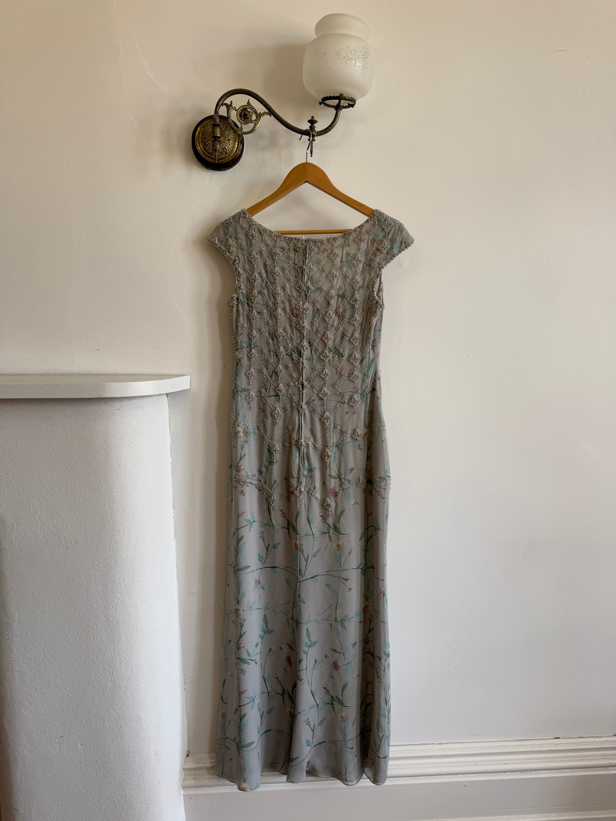 Vintage 90s Badgley Mischka Silver Pure Silk Embellished Gown