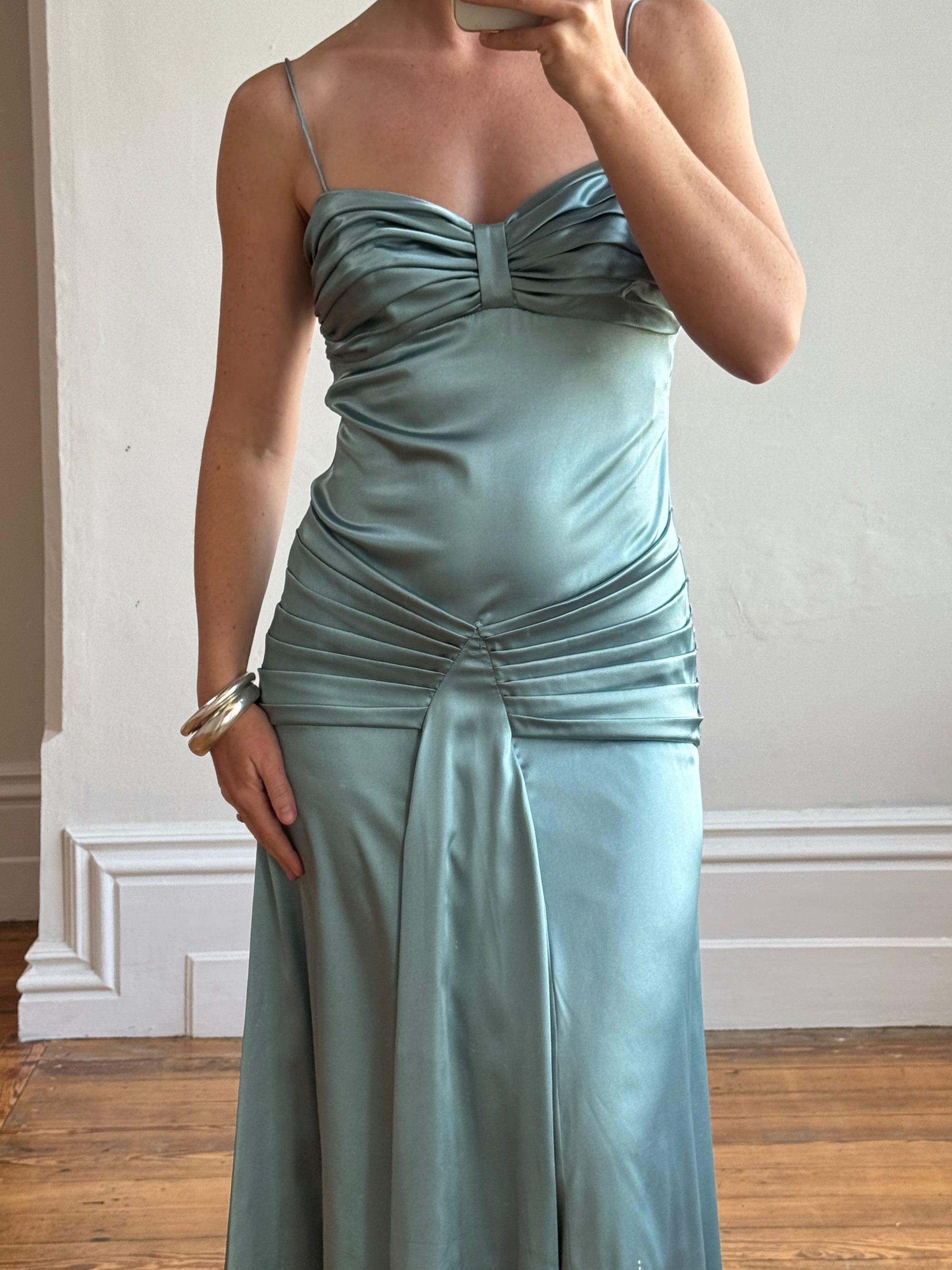Vintage 90s Teal Satin High Low Prom Dress