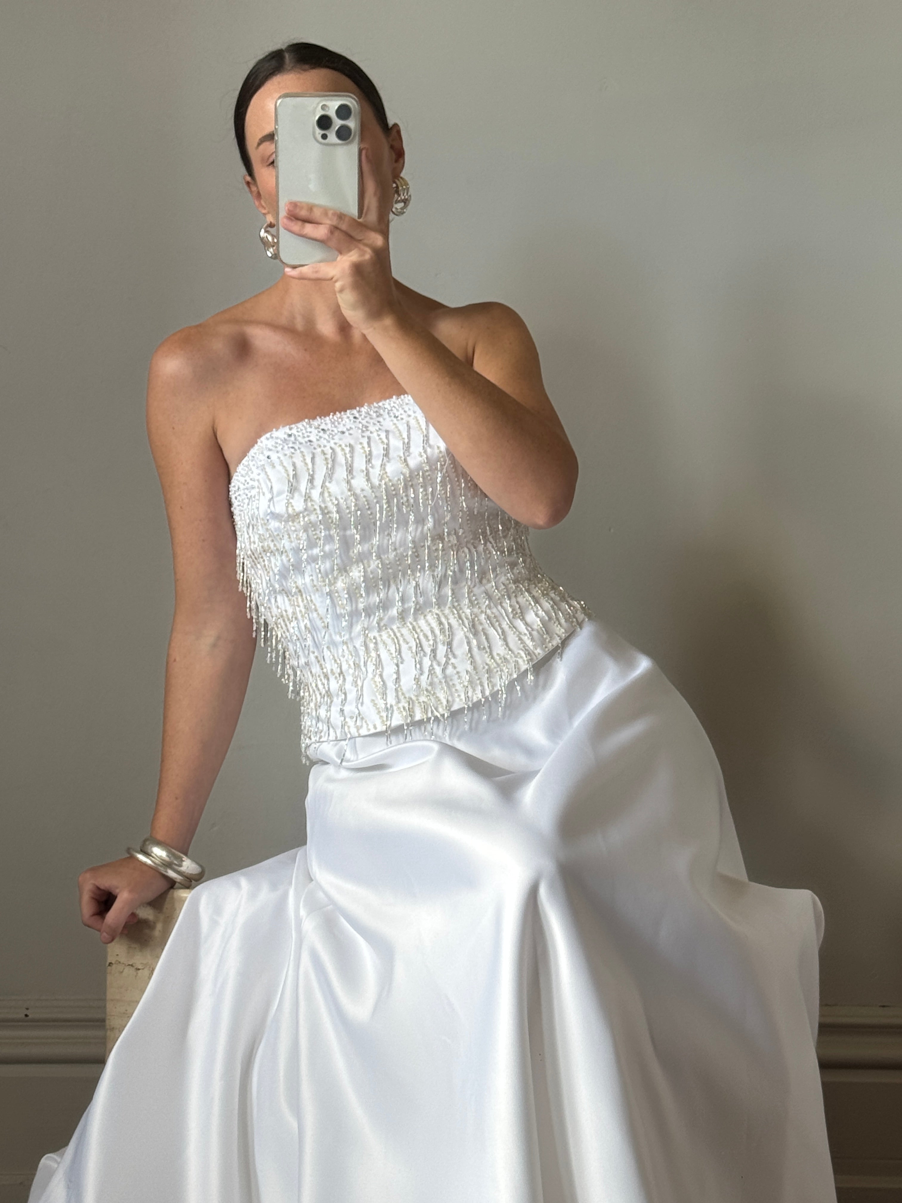 Vintage 90s Beaded Tassel Strapless Satin Wedding Gown