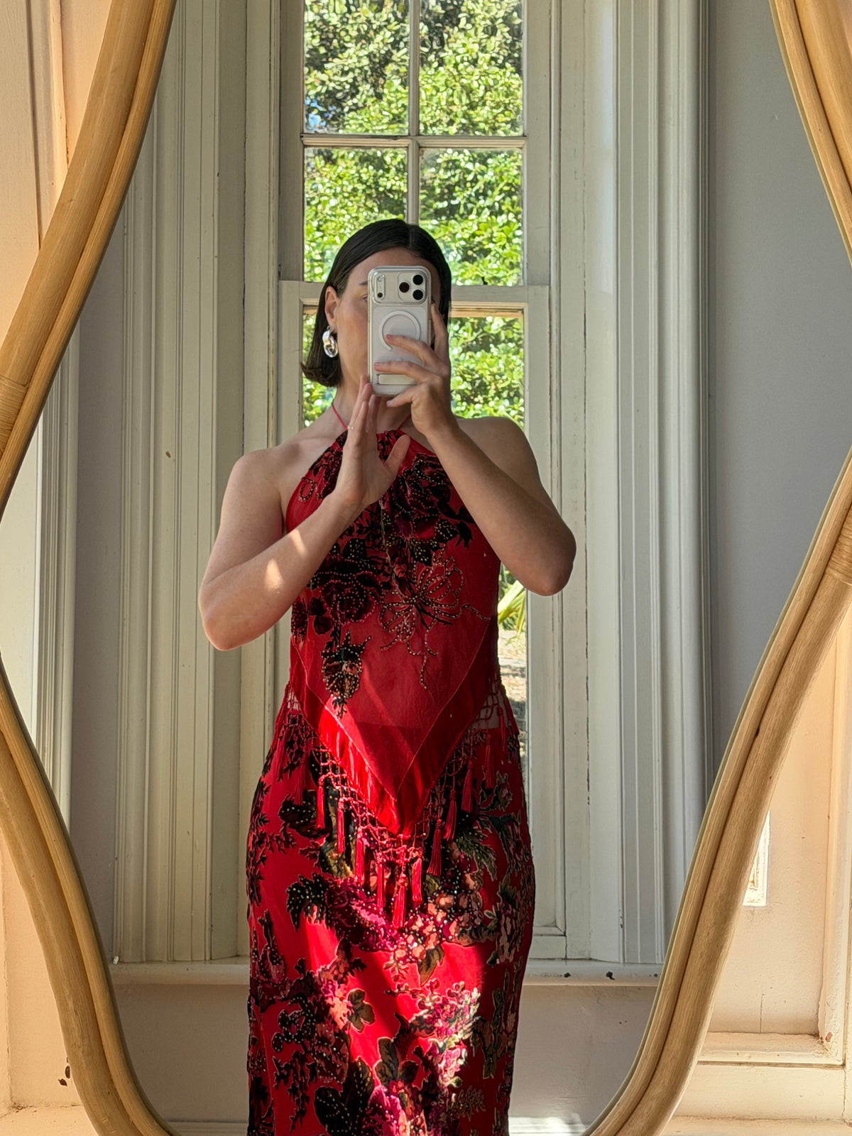 Vintage Y2K Burnt Velvet Beaded Fringe Halter and Skirt Set Crimson