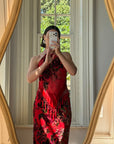 Vintage Y2K Burnt Velvet Beaded Fringe Halter and Skirt Set Crimson
