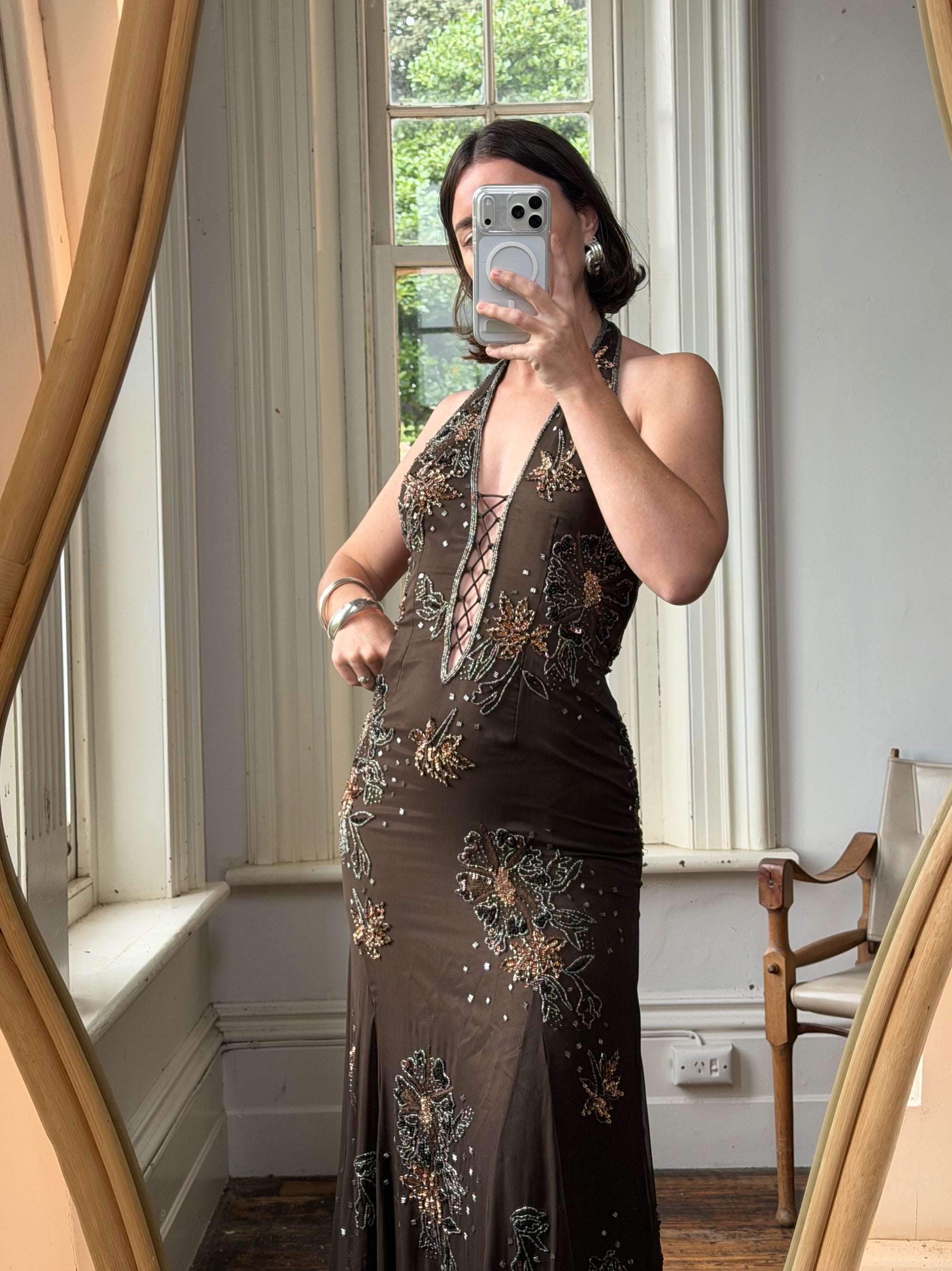 Vintage 90s Pure Silk Beaded Lace Up Dress Chocolate