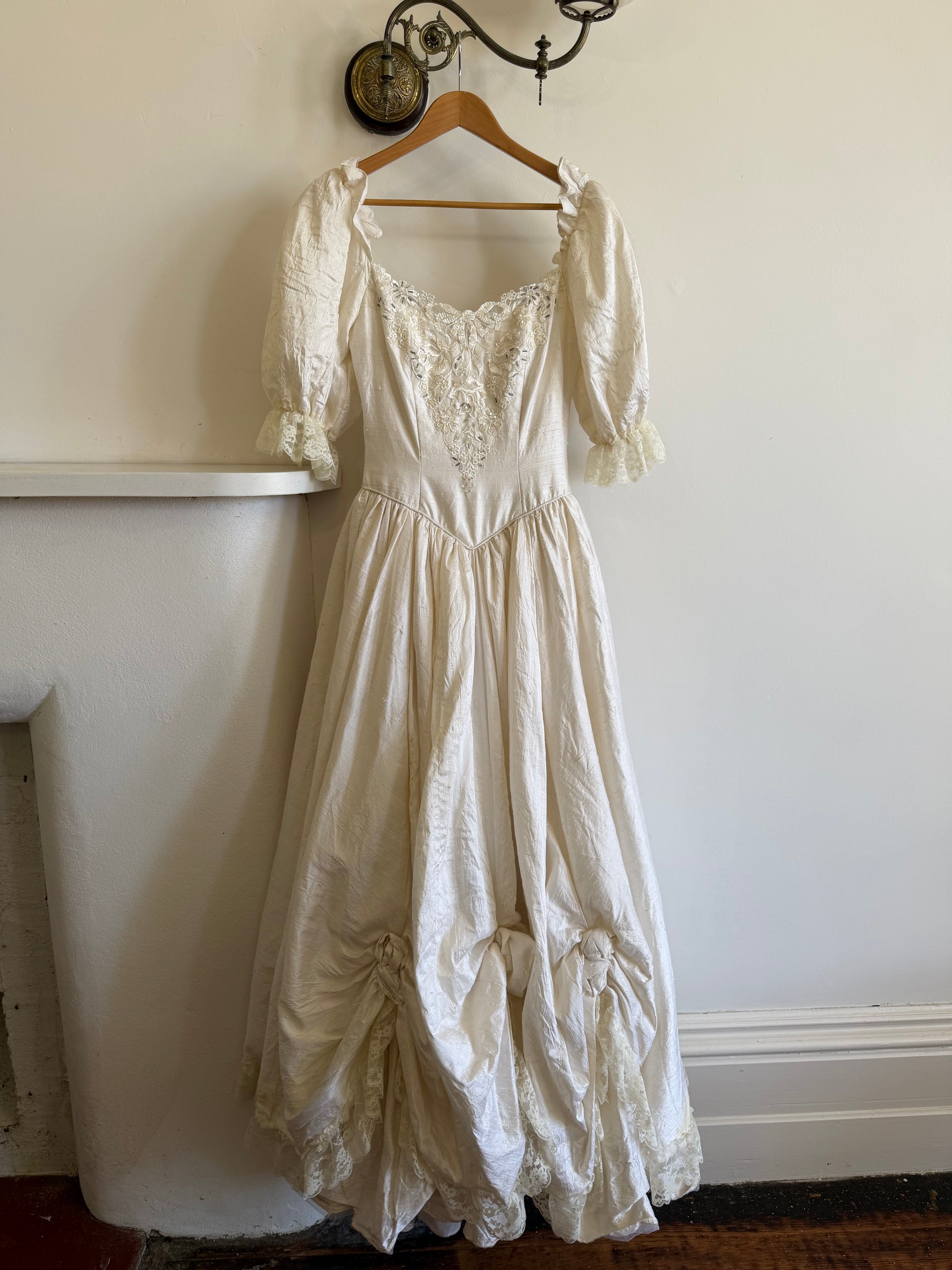 Vintage 90s Silk Puff Sleeve Embroidered Wedding Dress