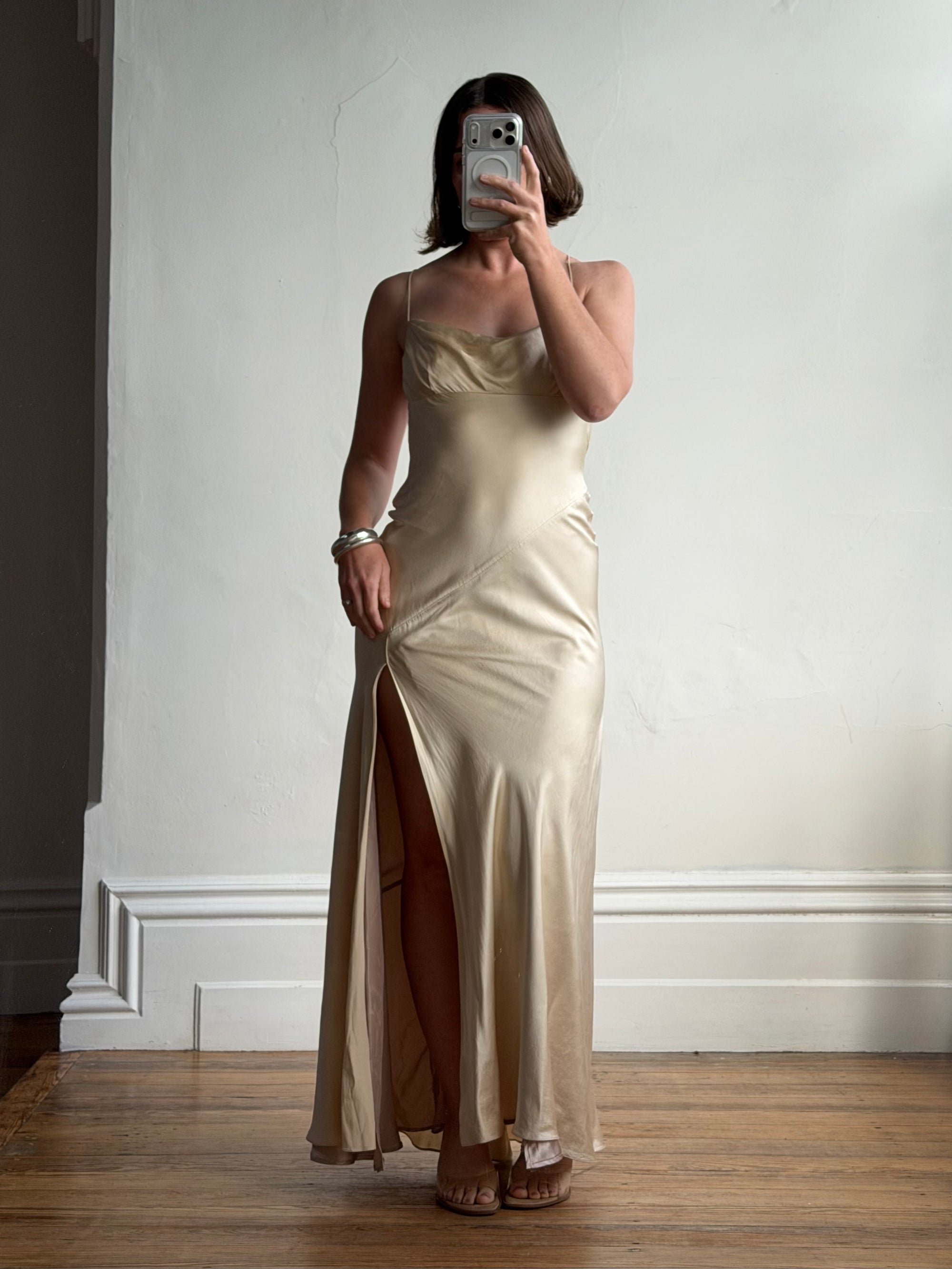Vintage 90s Pure Silk Bias Cut Split Gown Champagne