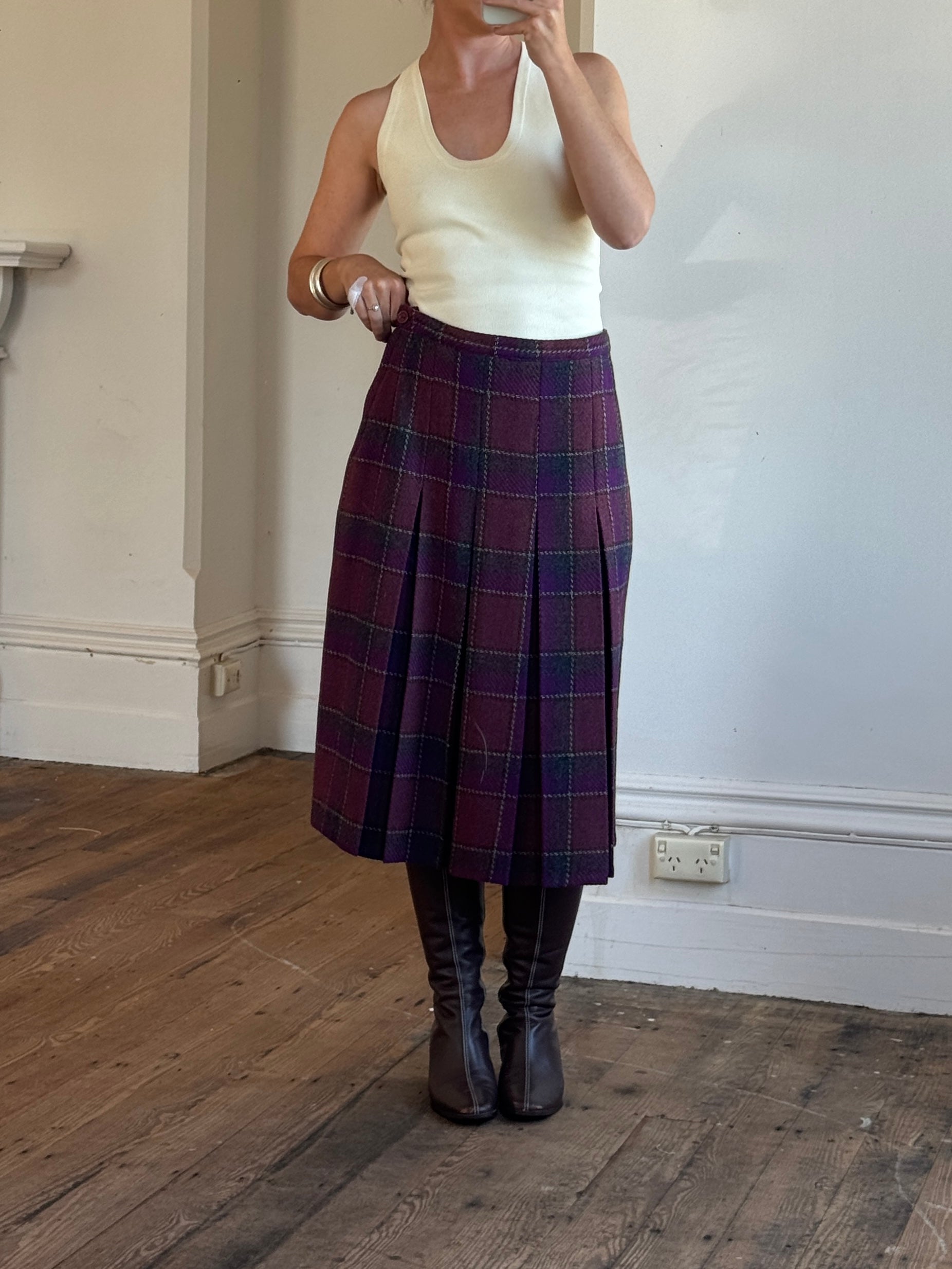 Vintage Wool Blend Plaid Pleated Skirt Plum