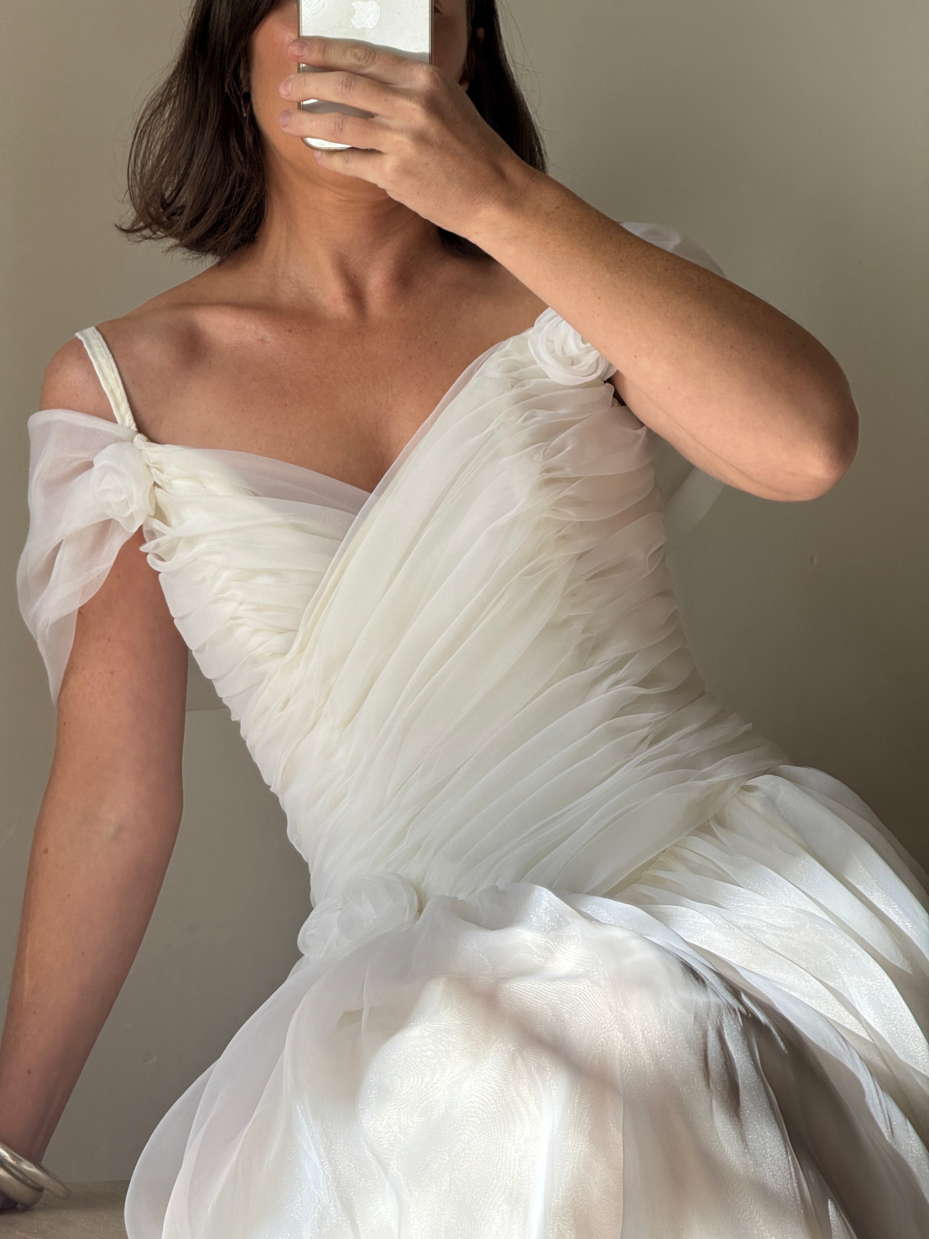 Vintage 80s Chiffon Rosette Off Shoulder Wedding Dress