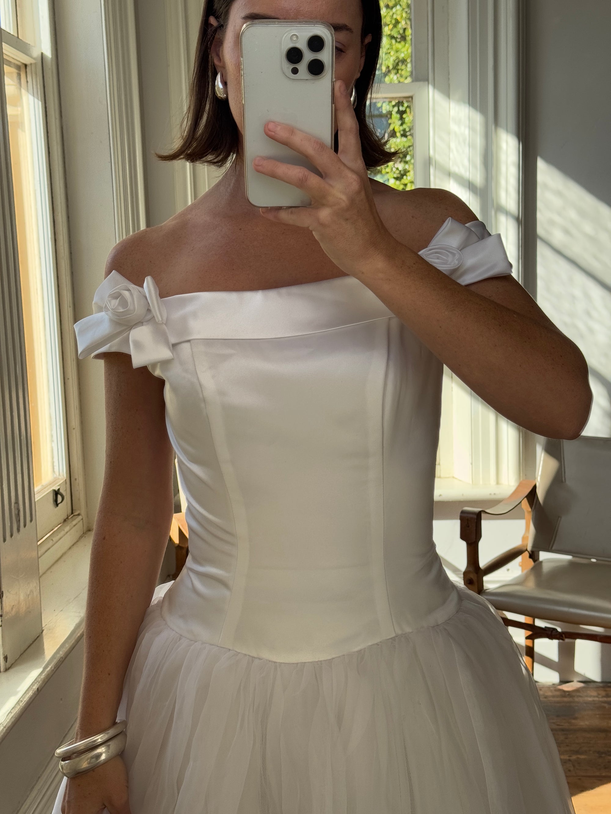 Vintage Y2K Satin Drop Waist Tulle Wedding Dress With Bows