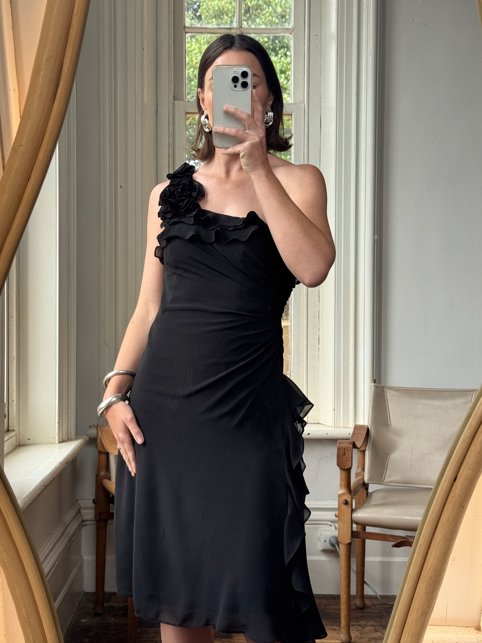 Vintage 90s One Shoulder Ruffle Jersey Dress Noir Call Me The Breeze Vintage 90s One Shoulder Ruffle Jersey Dress Noir Call Me The Breeze