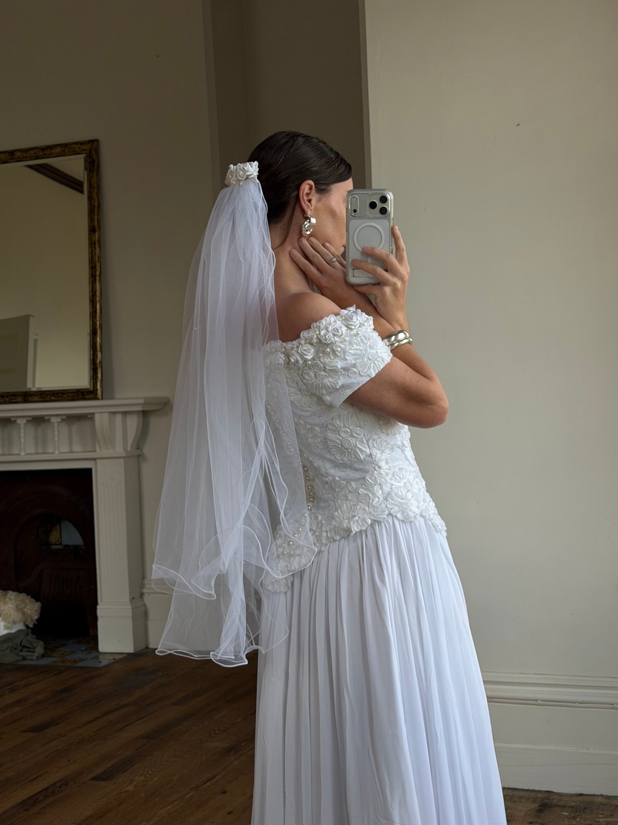 Vintage 80s 3D Floral Off Shoulder Bridal Gown and Veil