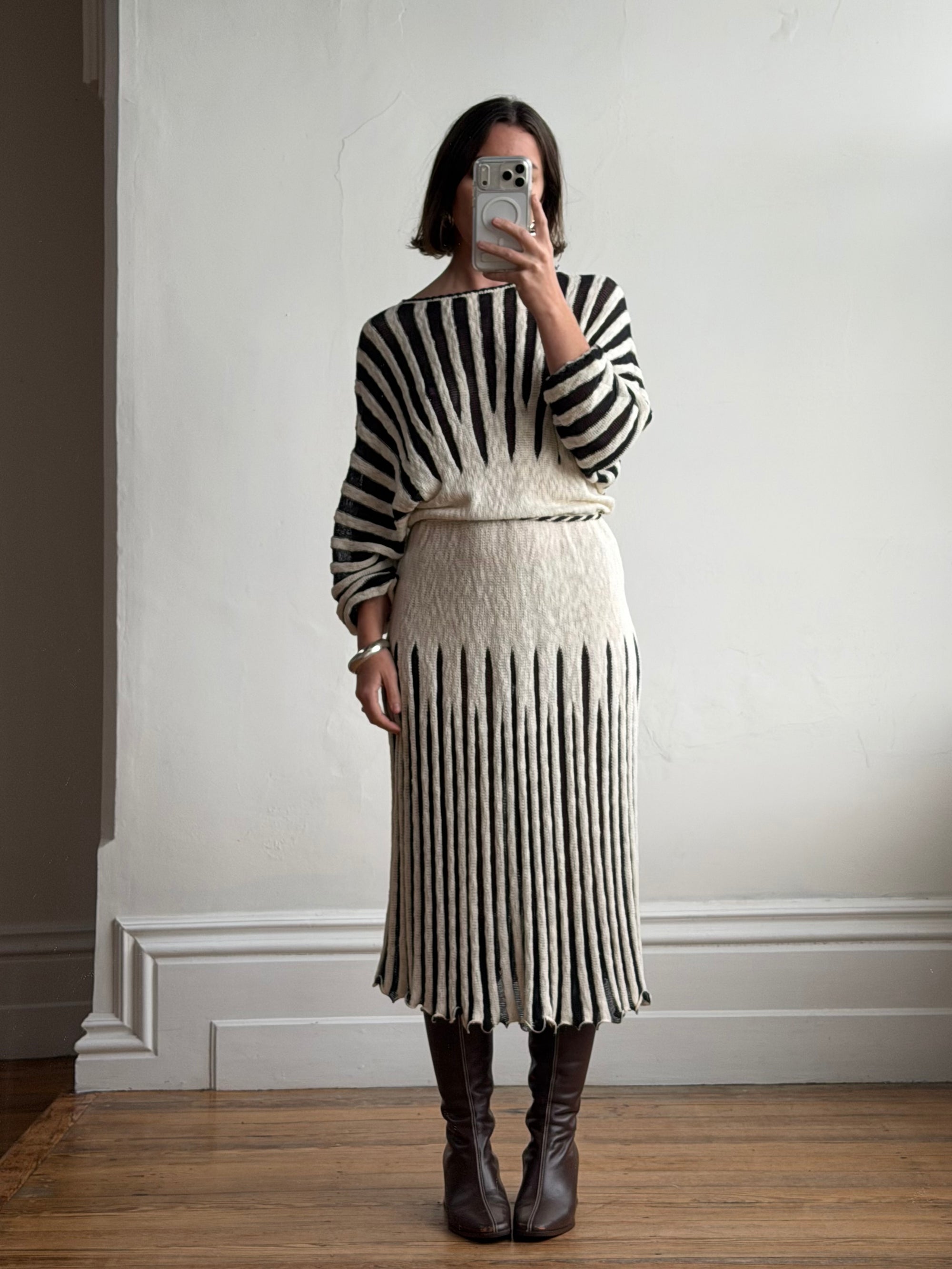 Vintage 70s Knit Batwing Midi Dress Black and Cream