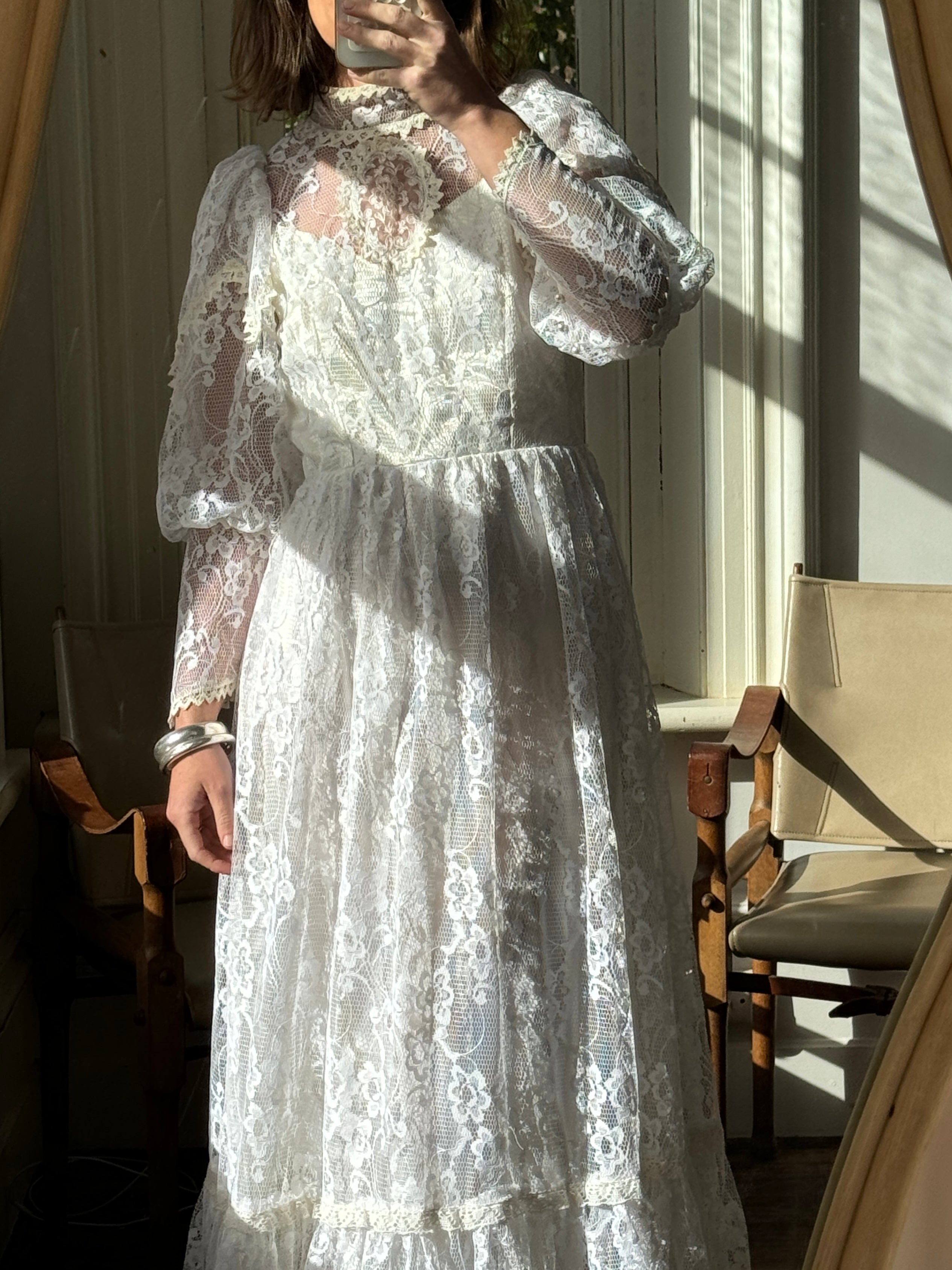 Vintage 70s Crochet Lace Mesh Maxi