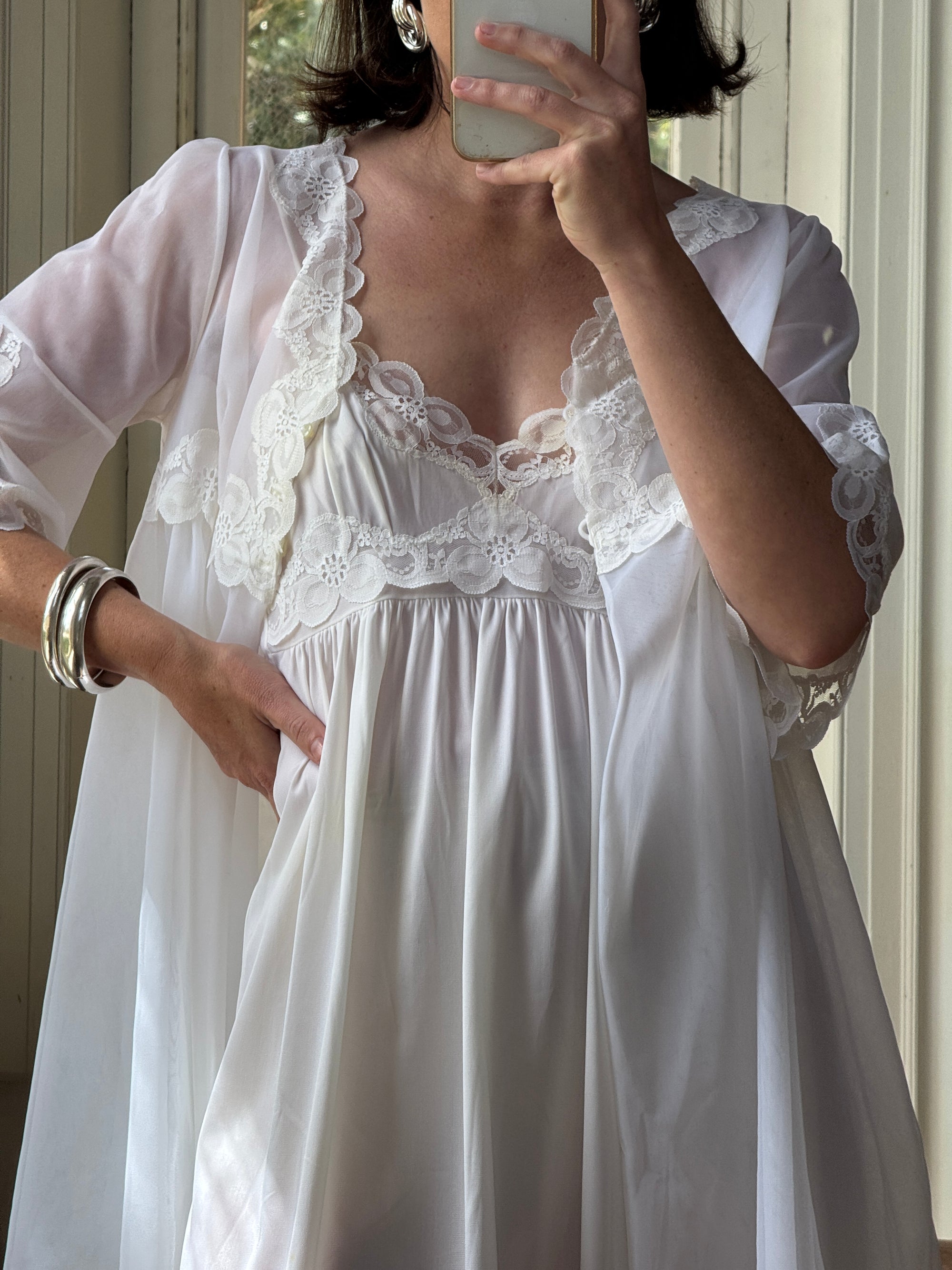 Vintage 80s Wedding Morning Lace Peignoir and Slip Set