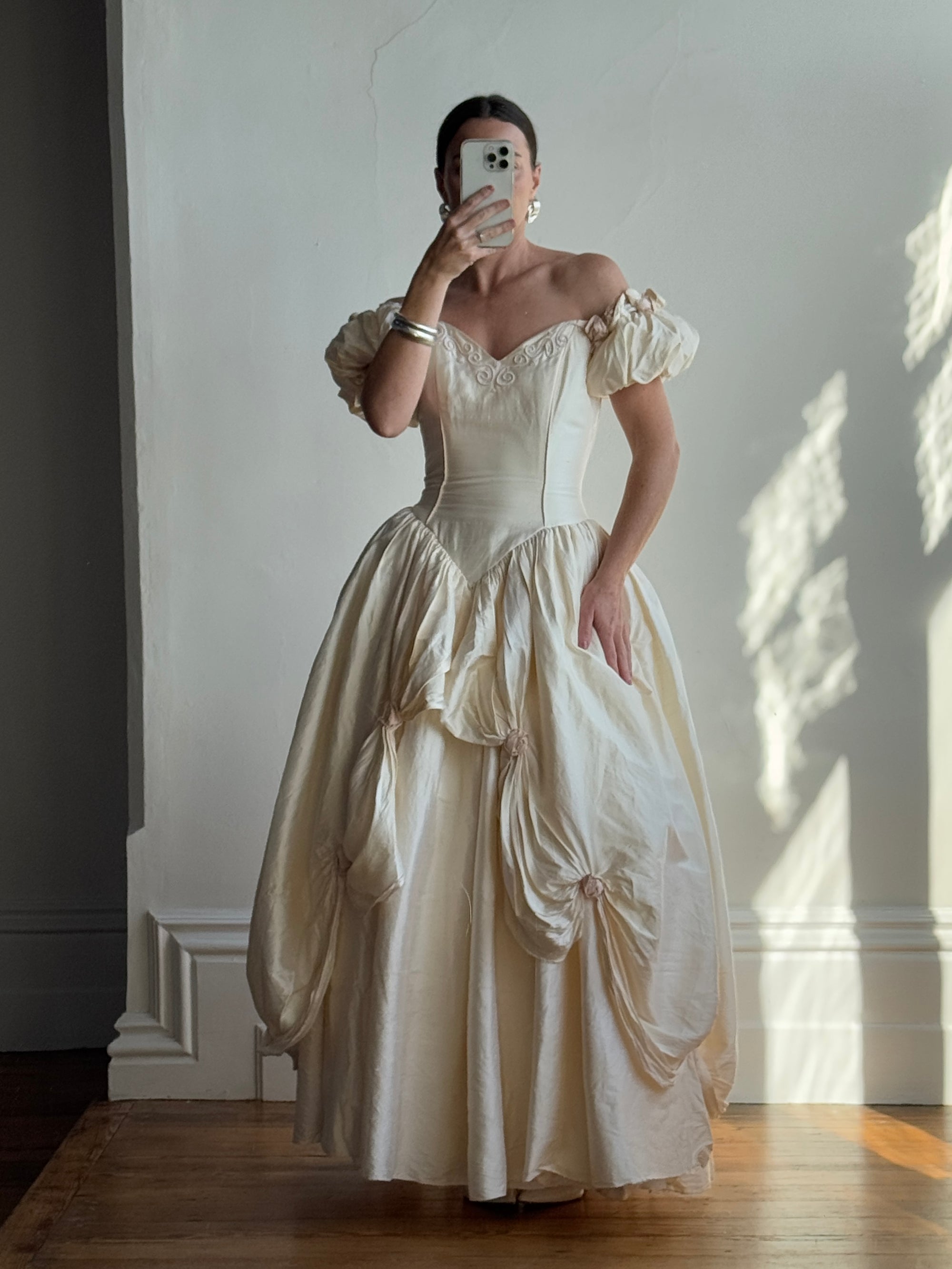 Vintage 90s Pure Silk Renaissance Basque Waist Wedding Gown