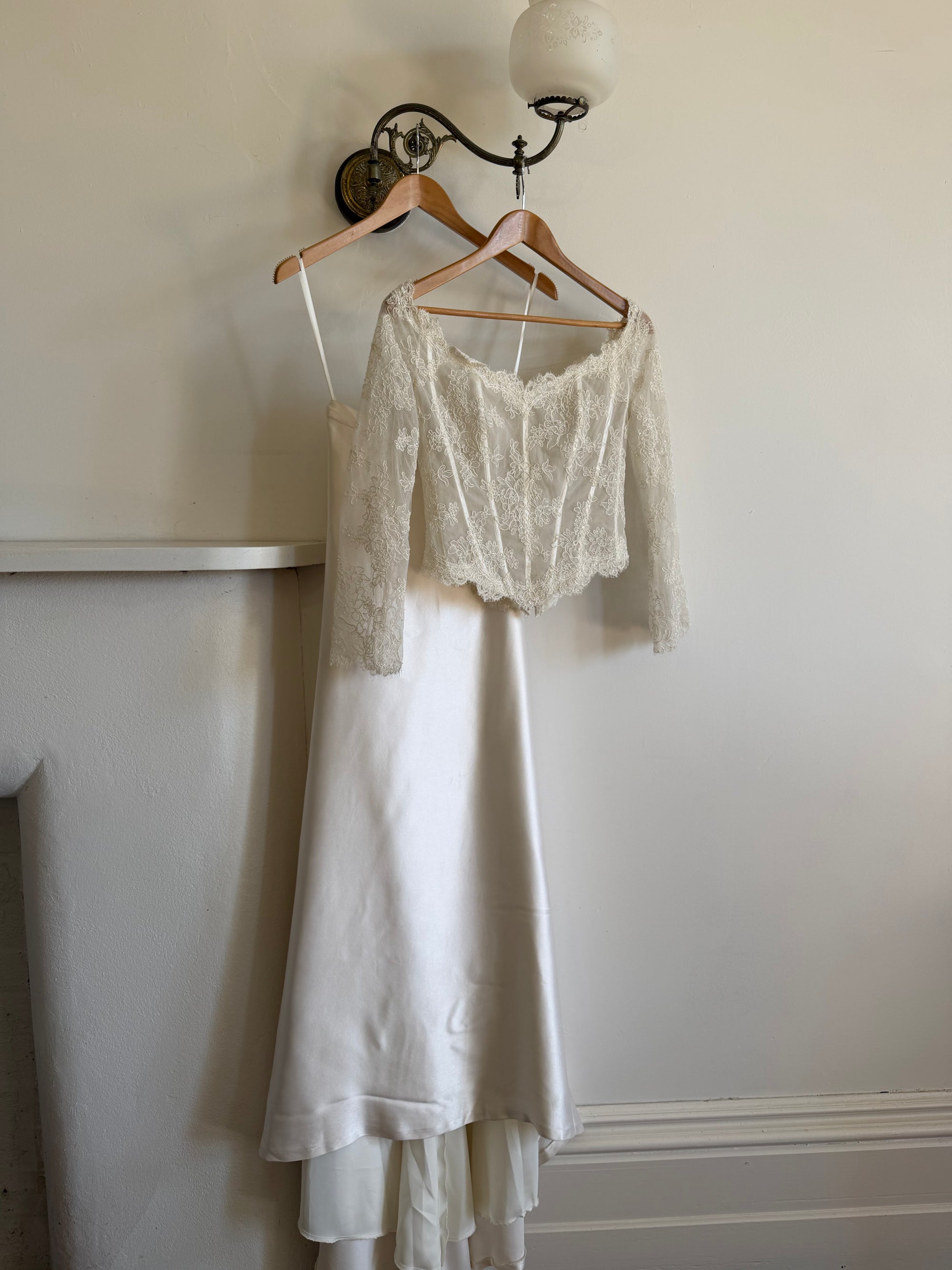 Vintage 90s Italian Nude Long Sleeve Bustier and Silk Satin Skirt Set