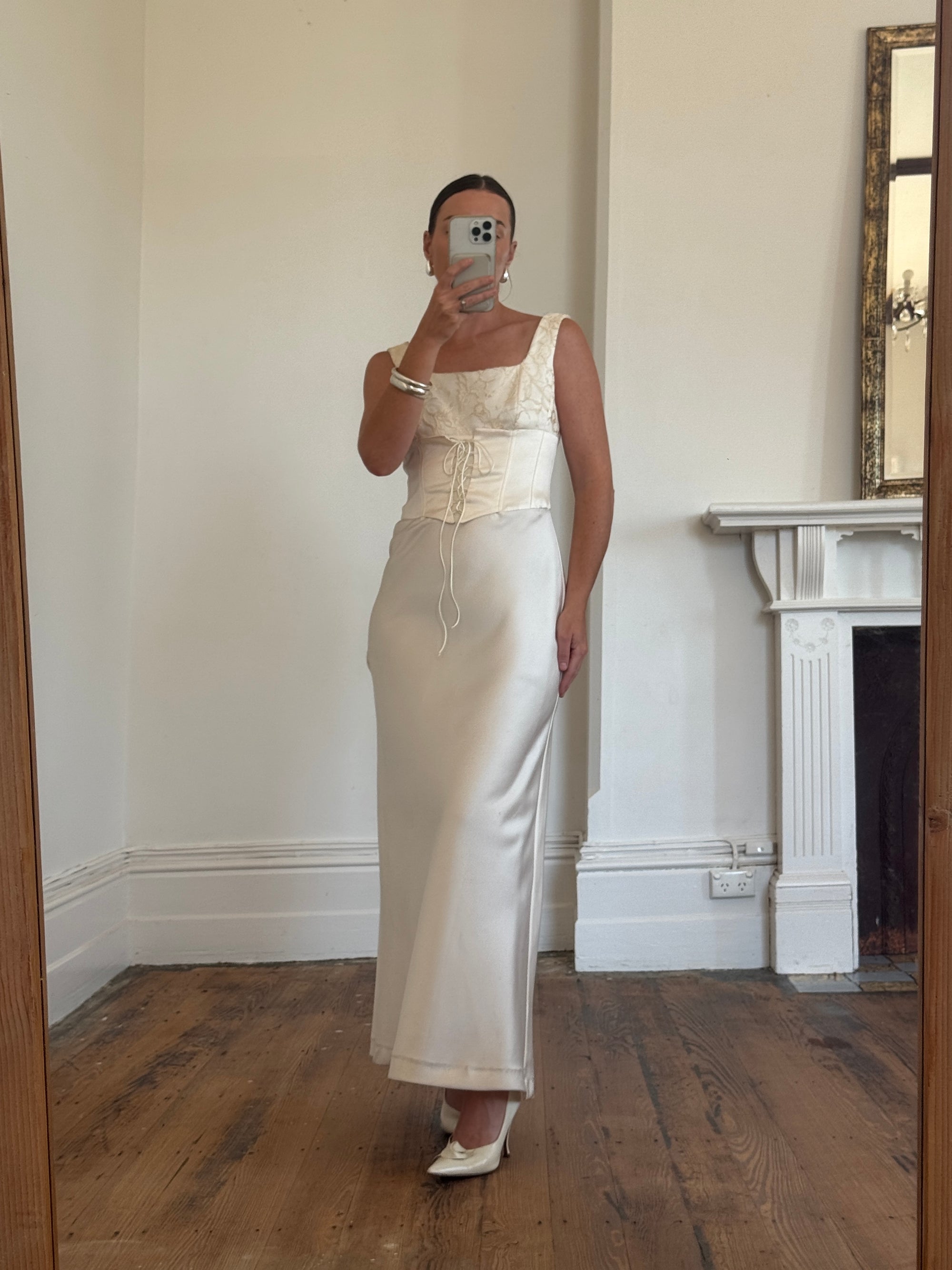 Vintage 90s Lace Up Waist Satin Column Wedding Dress
