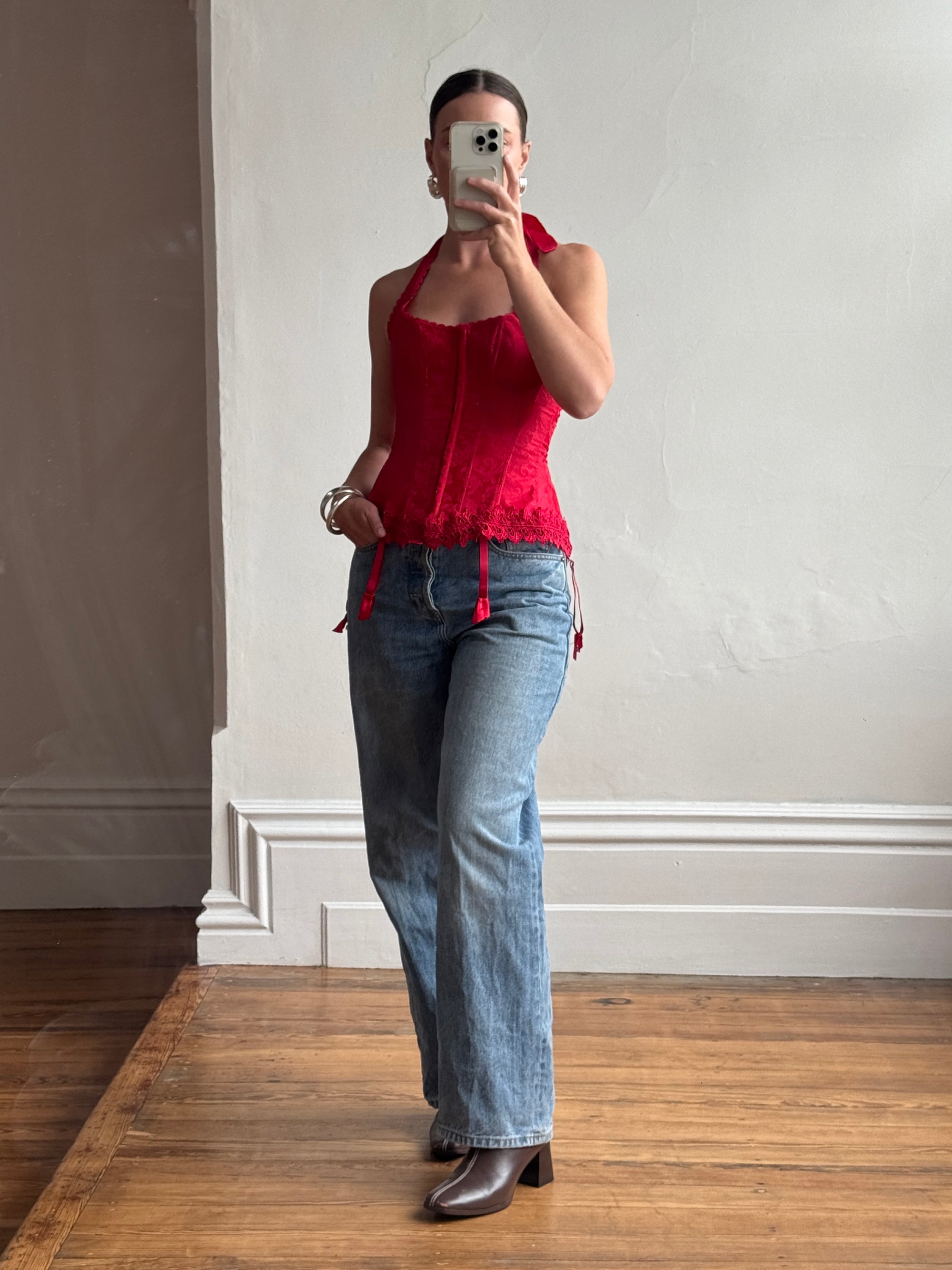 Vintage Y2K Halter Lace Up Corset Red
