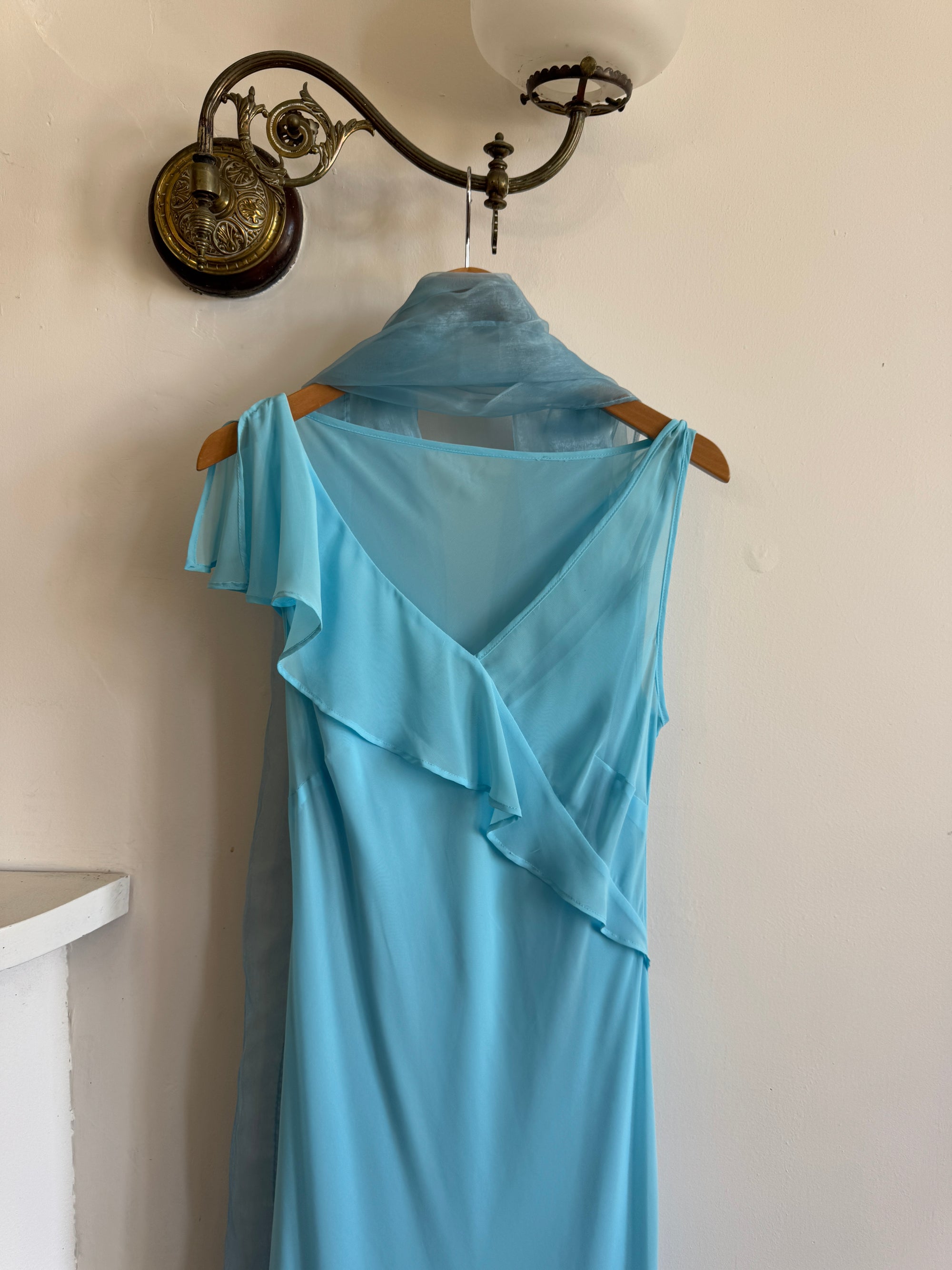 Vintage 90s Aqua Ruffle Slip Dress with Organza Scarf