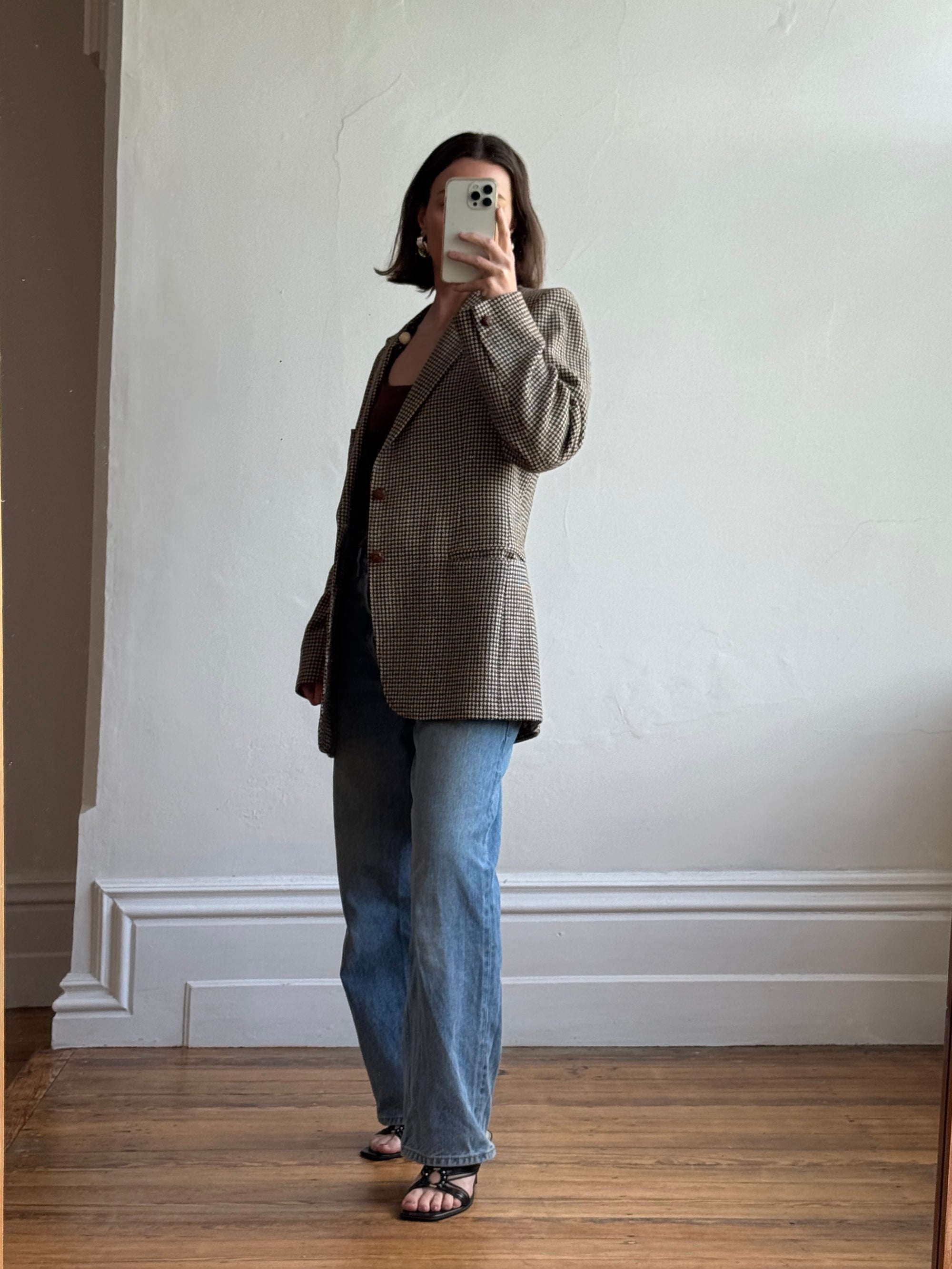 Vintage 60s Wool Blend Brown Herringbone Blazer