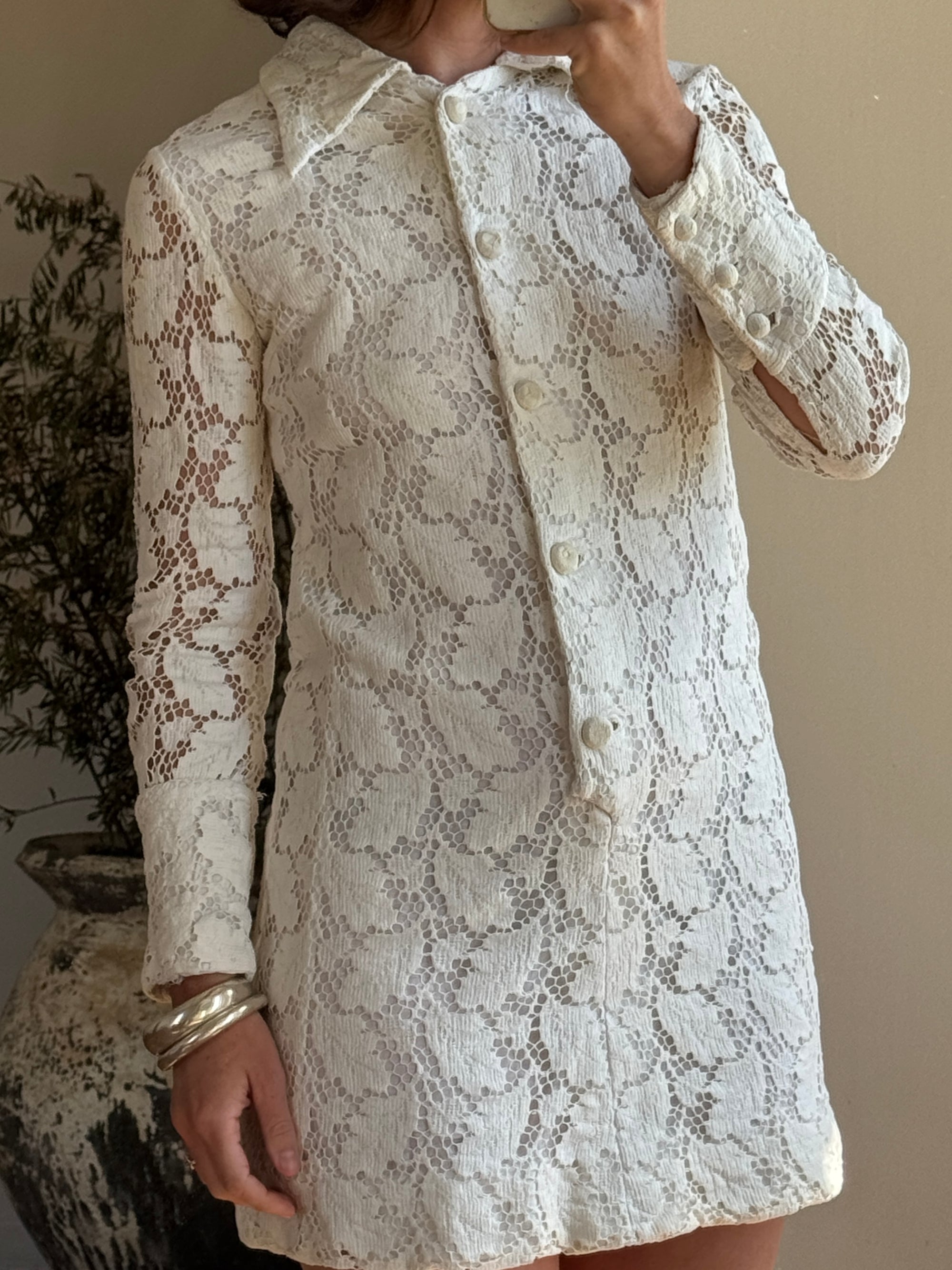 Vintage 70s Lace Button Up Micro Mini