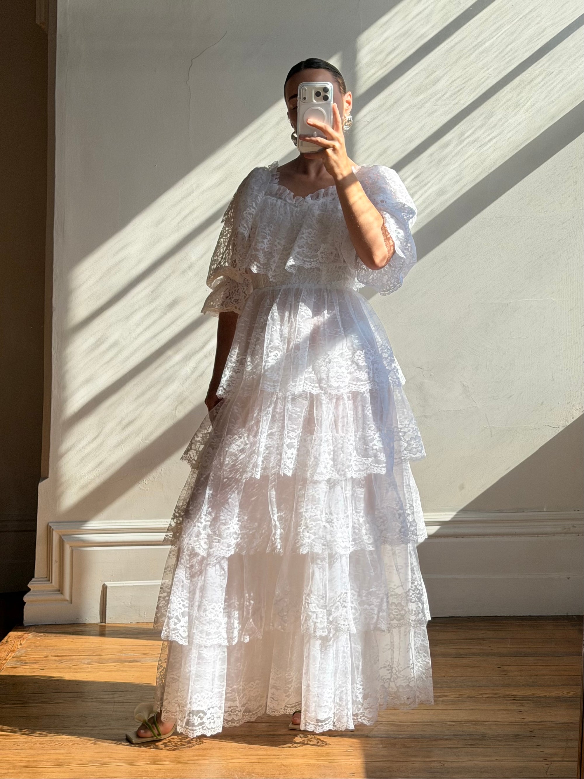 Vintage 70s Tiered Lace Wedding Dress Crisp White
