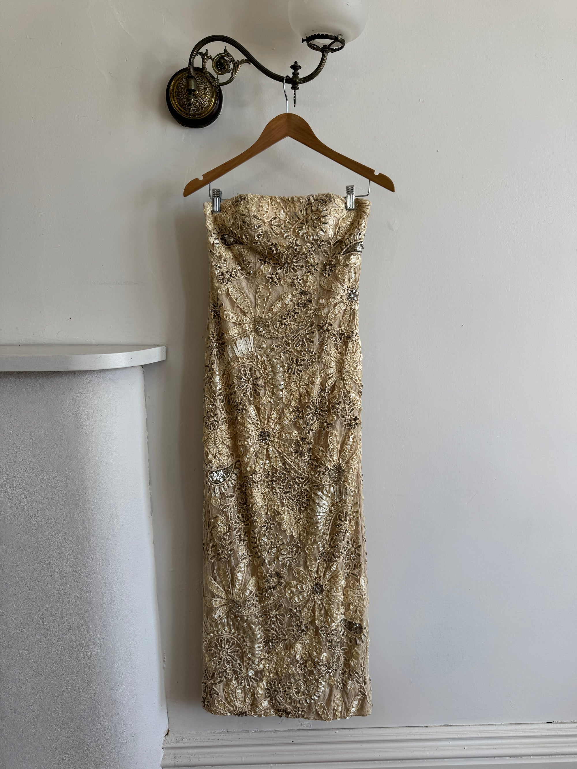 Vintage 90s Strapless Cream Ribbon Bead Embroidered Midi