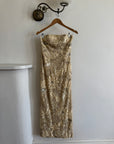 Vintage 90s Strapless Cream Ribbon Bead Embroidered Midi