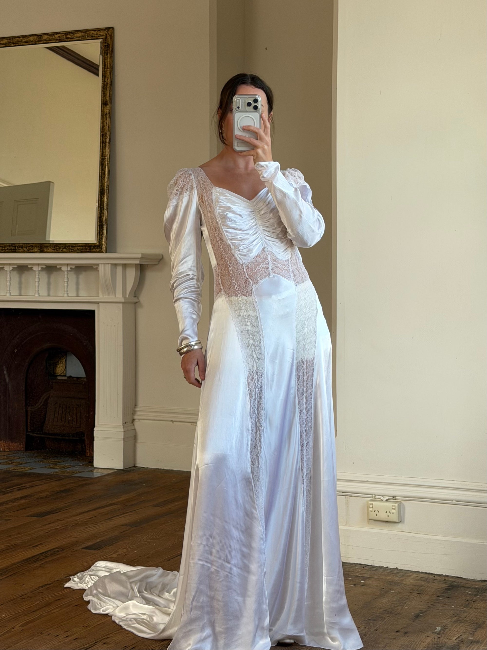 Vintage 40s Liquid Silk Satin Sheer Lace Wedding Gown
