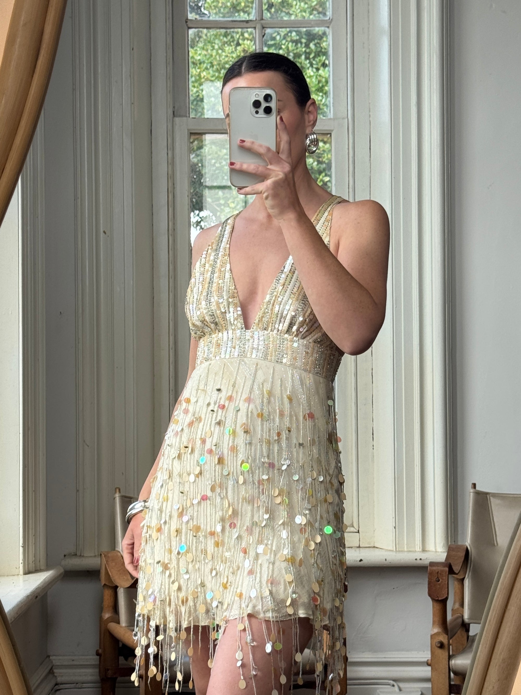 Vintage Y2K Pure Silk Sequin Tassel Disco Dress