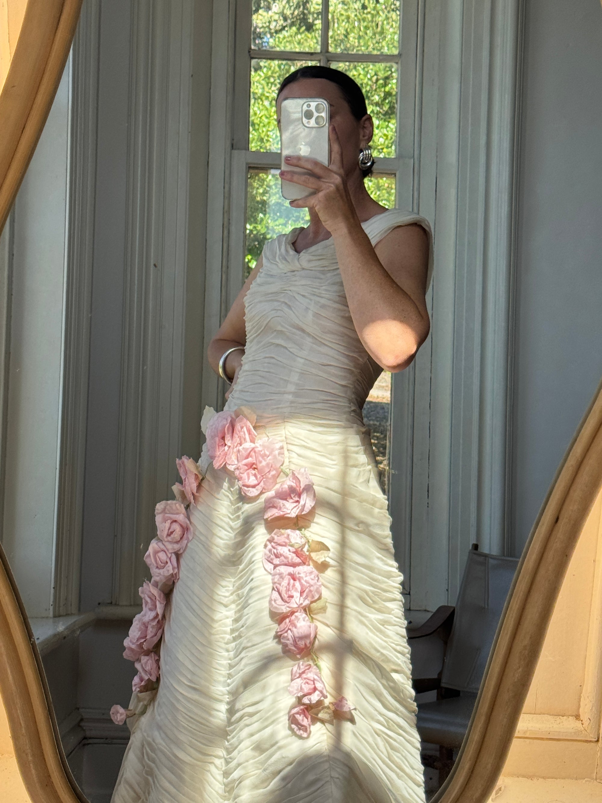 Vintage 60s Silk Pleated Wedding Gown with Pink Flowers
