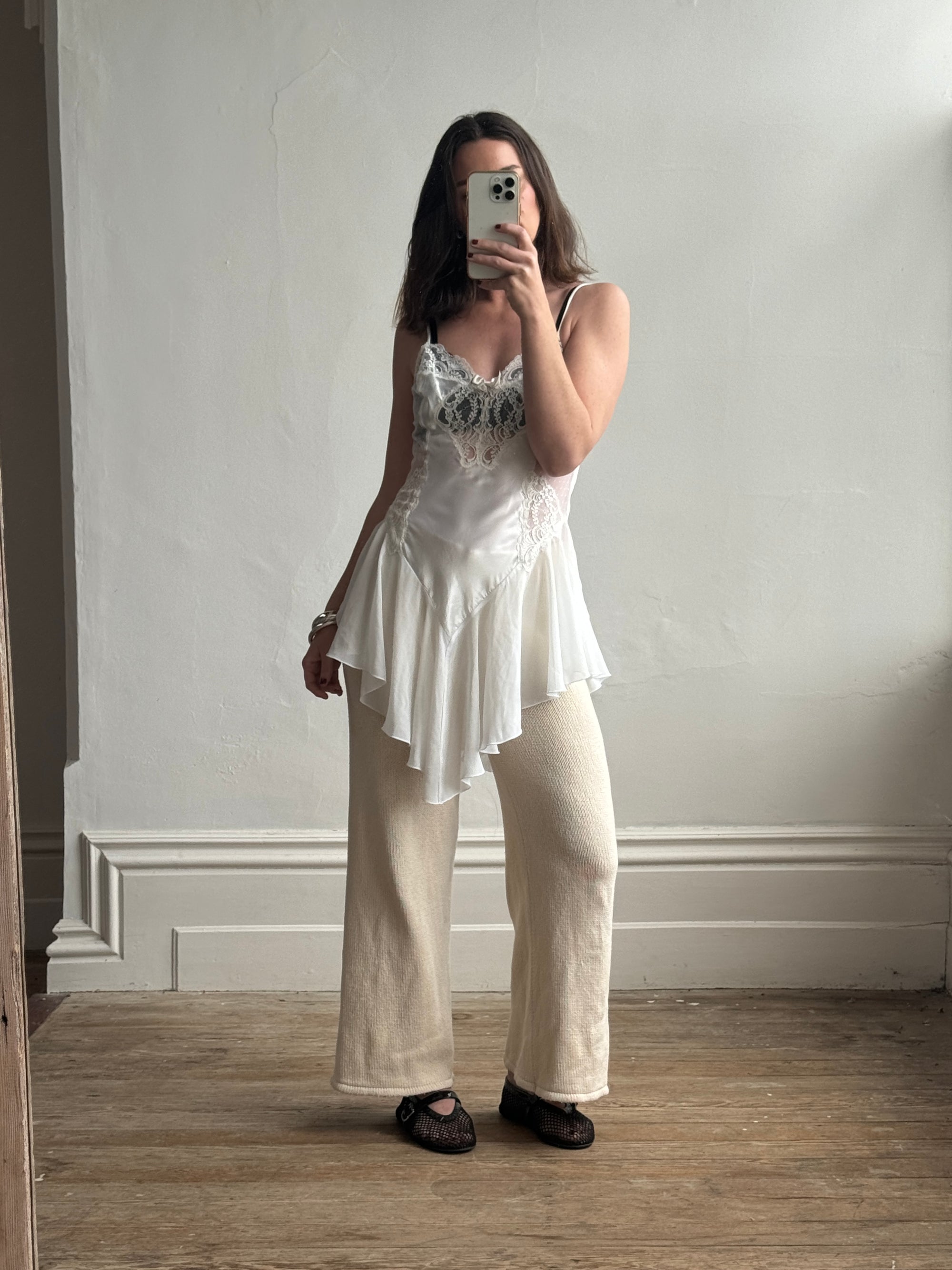 Vintage Asymmetrical Lace Panelled Satin Slip Mini White