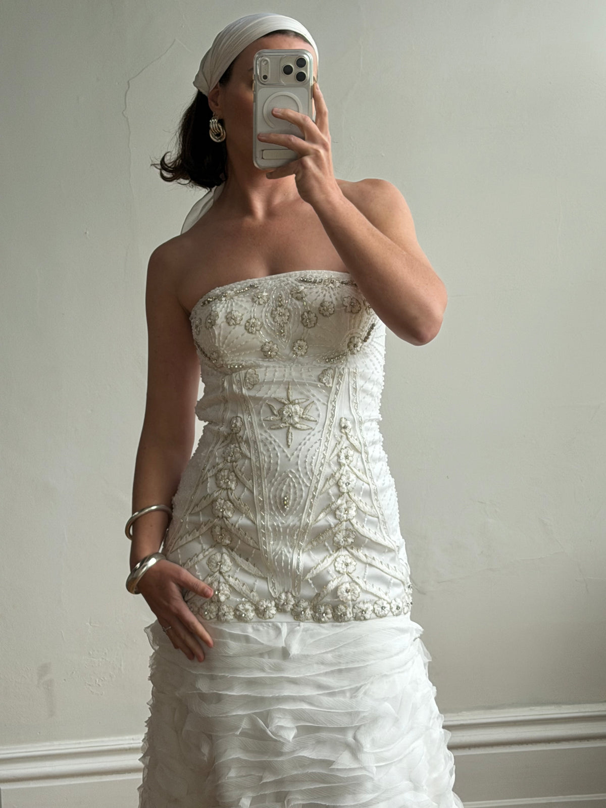 Vintage 90s Strapless Embellished Ruffled Wedding Gown