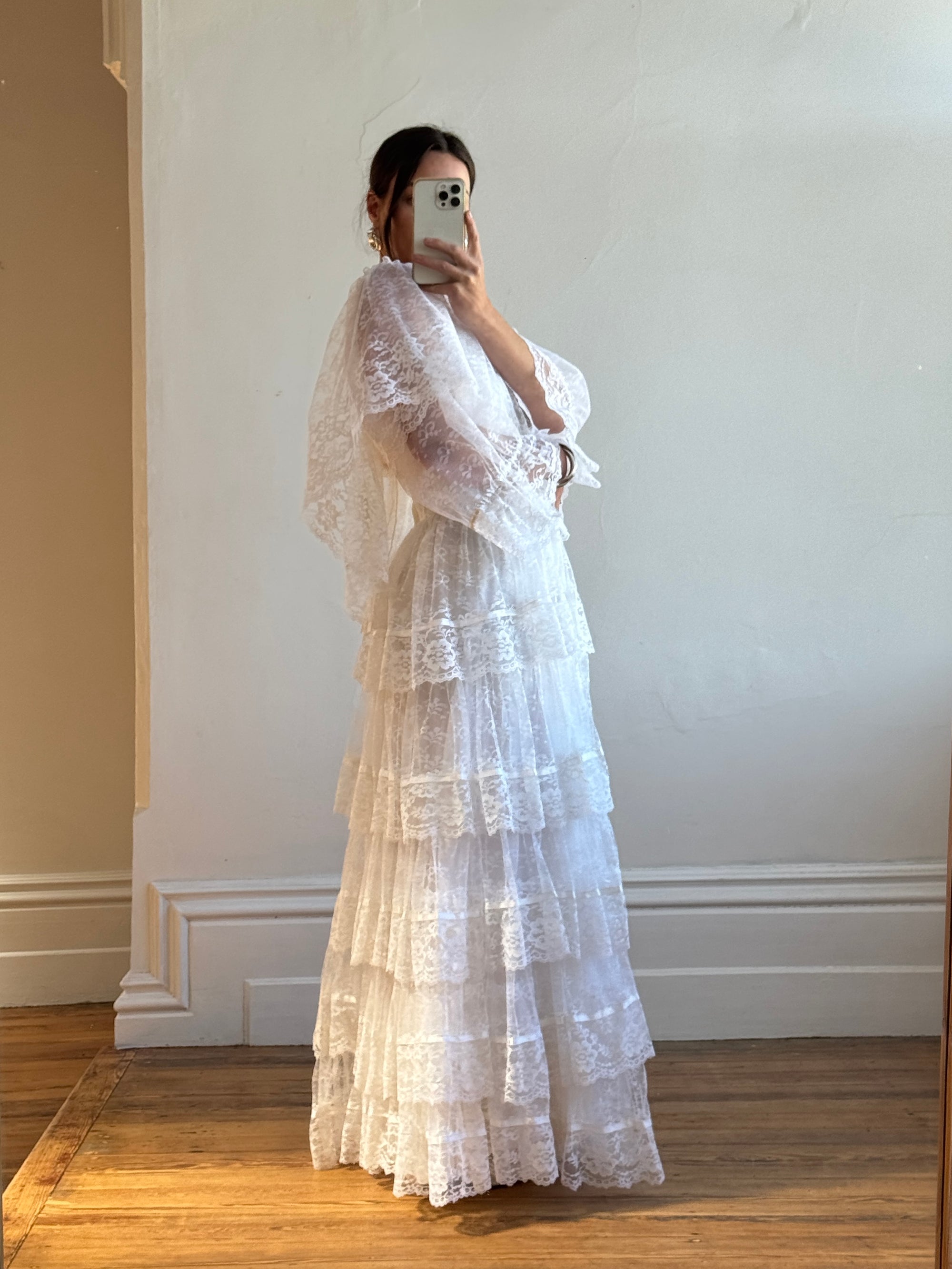 Vintage 70s Tiered Lace Ruffle Wedding Gown