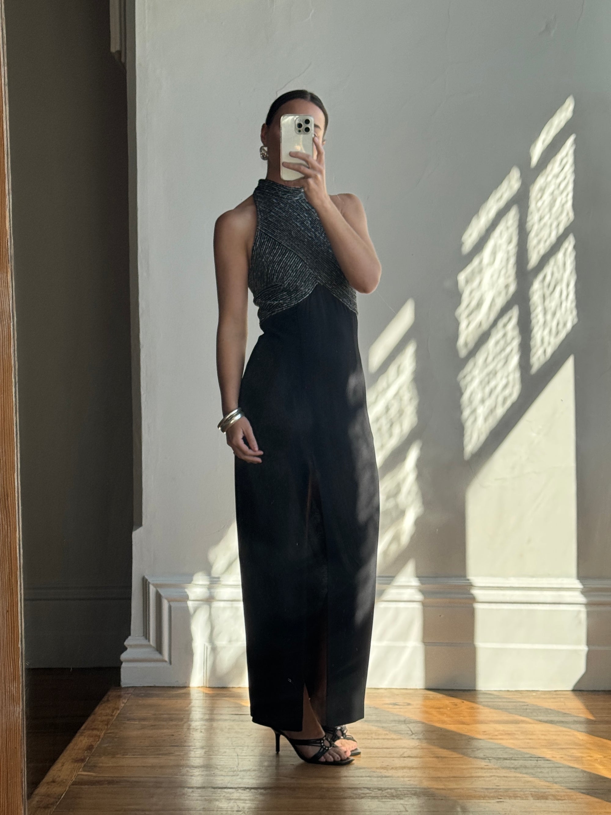 Vintage 70s High Neck Silver Lurex Evening Gown Noir