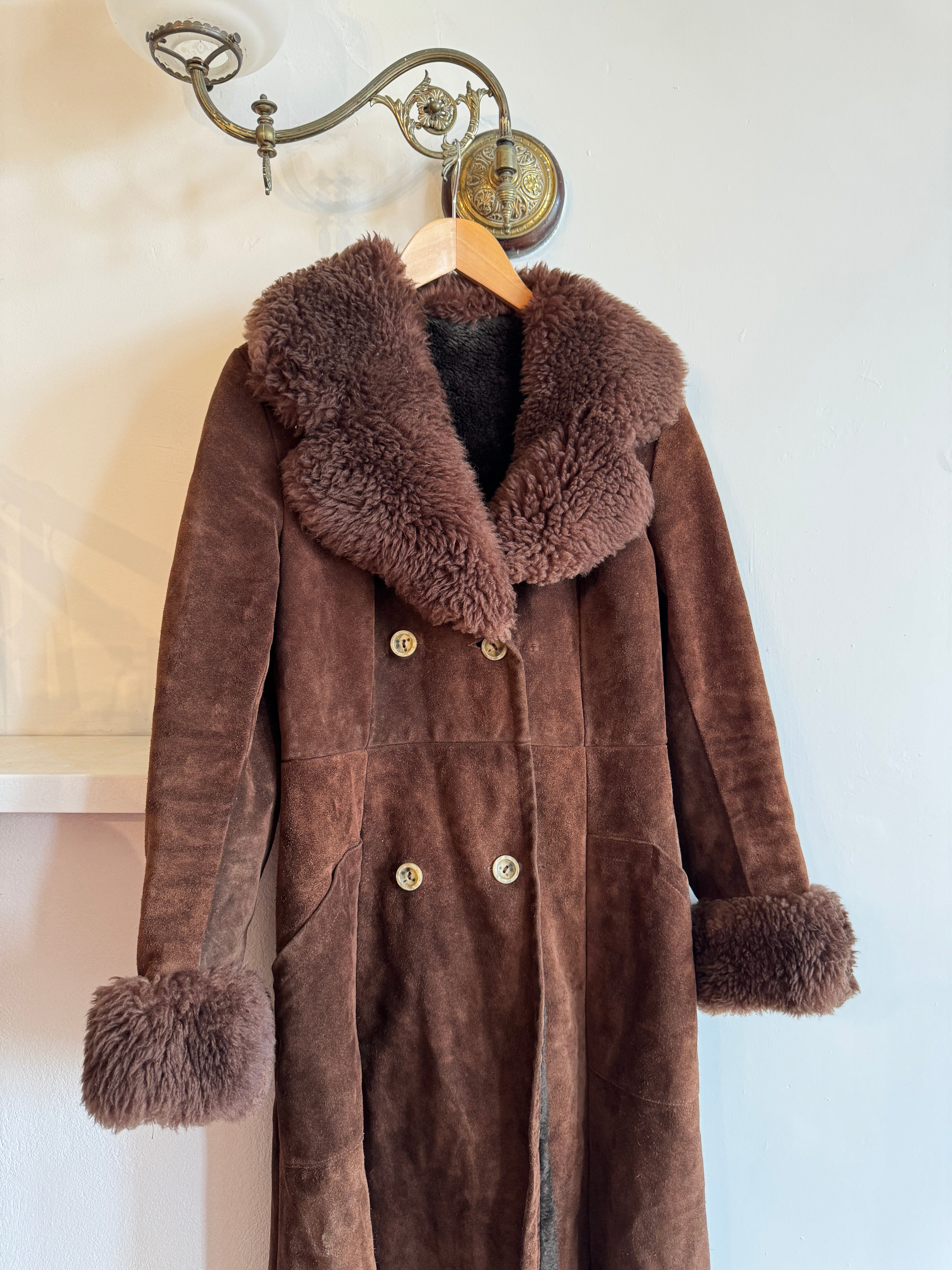 Vintage Suede Leather and Shearling Coat Chocolate Brown