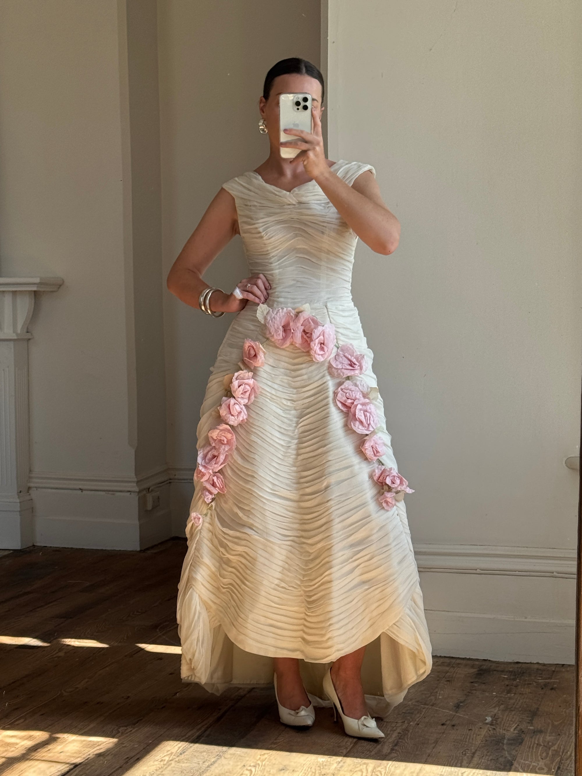 Vintage 60s Silk Pleated Wedding Gown with Pink Flowers