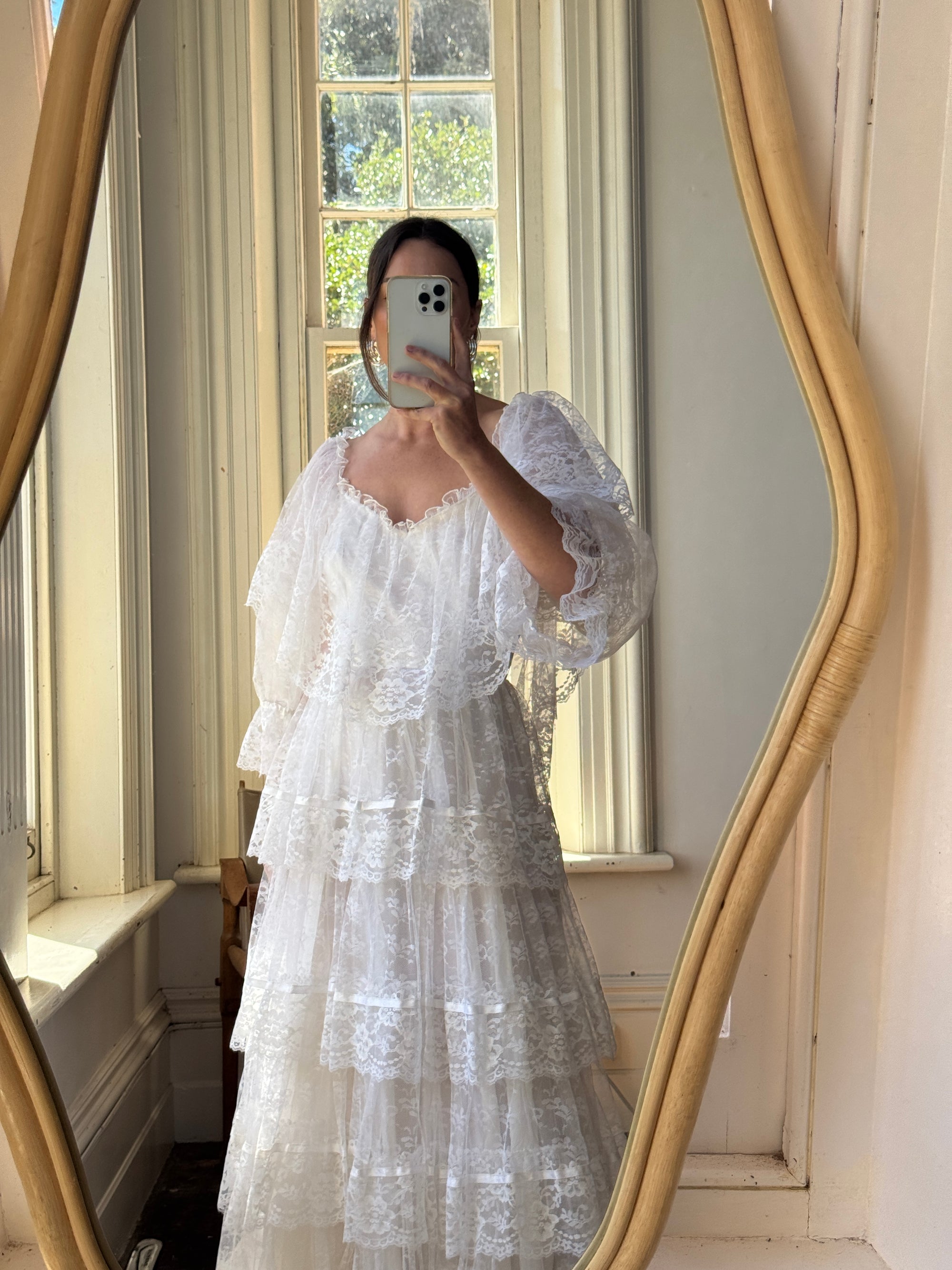 Vintage 70s Tiered Lace Ruffle Wedding Gown