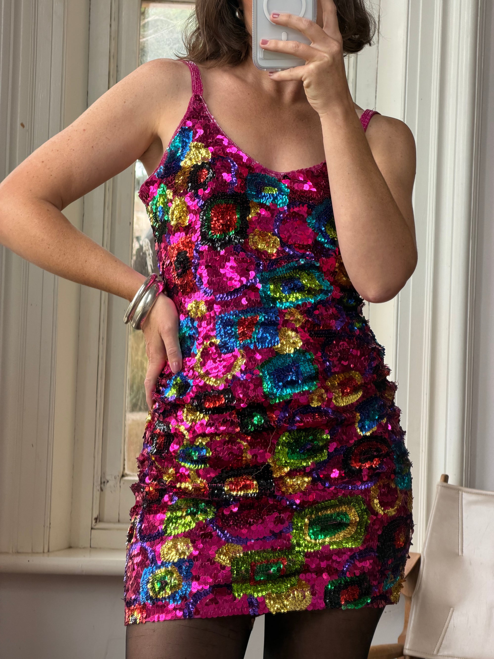 Vintage 90s Rainbow Disco Sequin Party Mini Dress