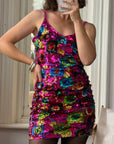 Vintage 90s Rainbow Disco Sequin Party Mini Dress