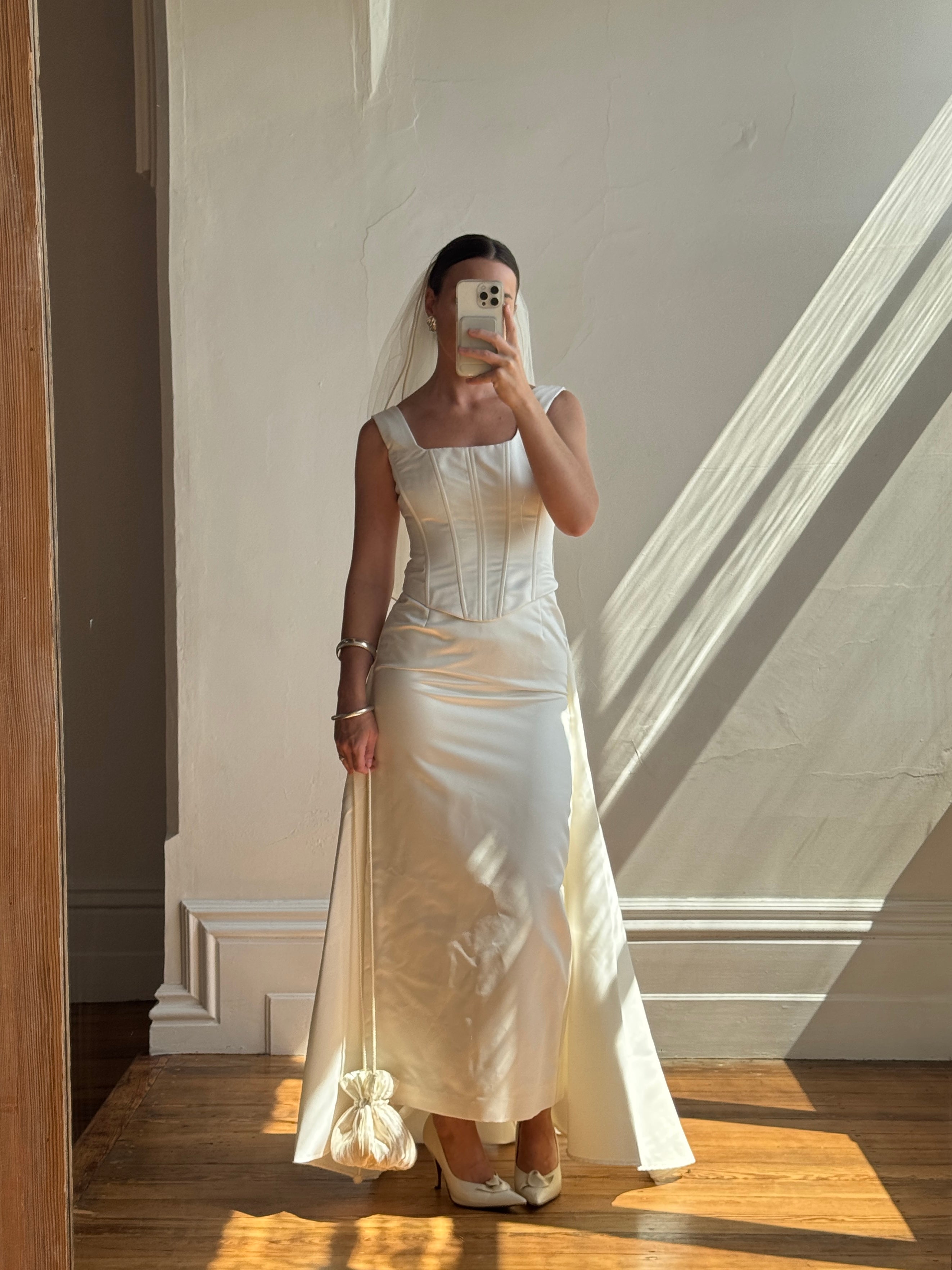 Vintage 90s Satin Corset Pencil Wedding Dress With Optional Train